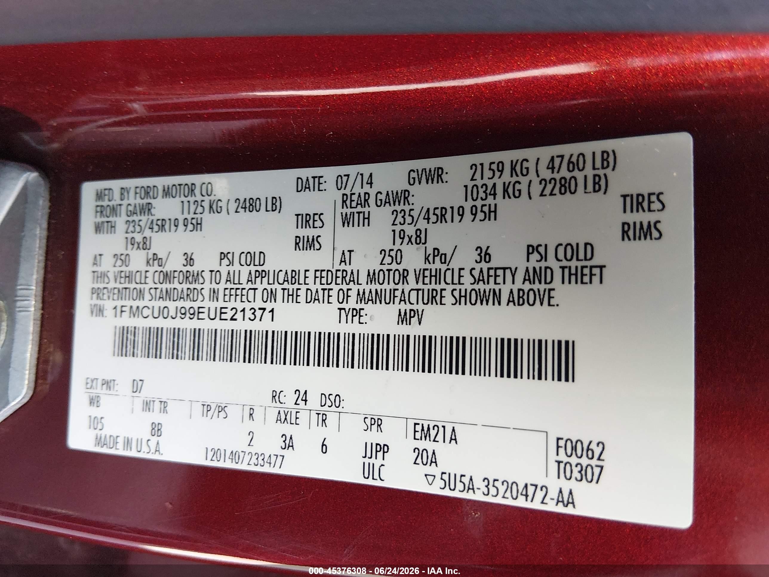 2014 Ford Escape Titanium Orange vin: 1FMCU0J99EUE21371