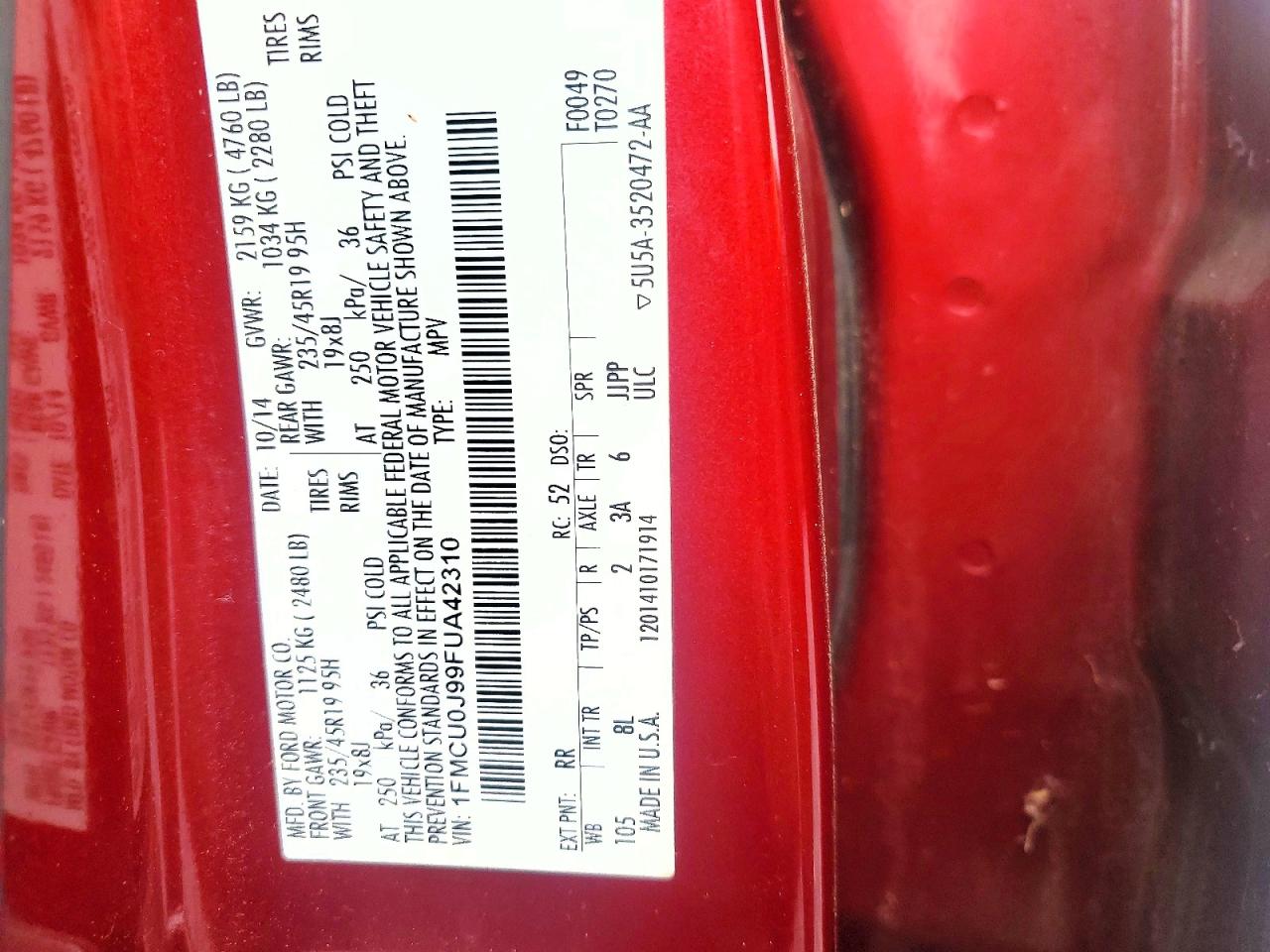 2015 Ford Escape Titanium Maroon vin: 1FMCU0J99FUA42310