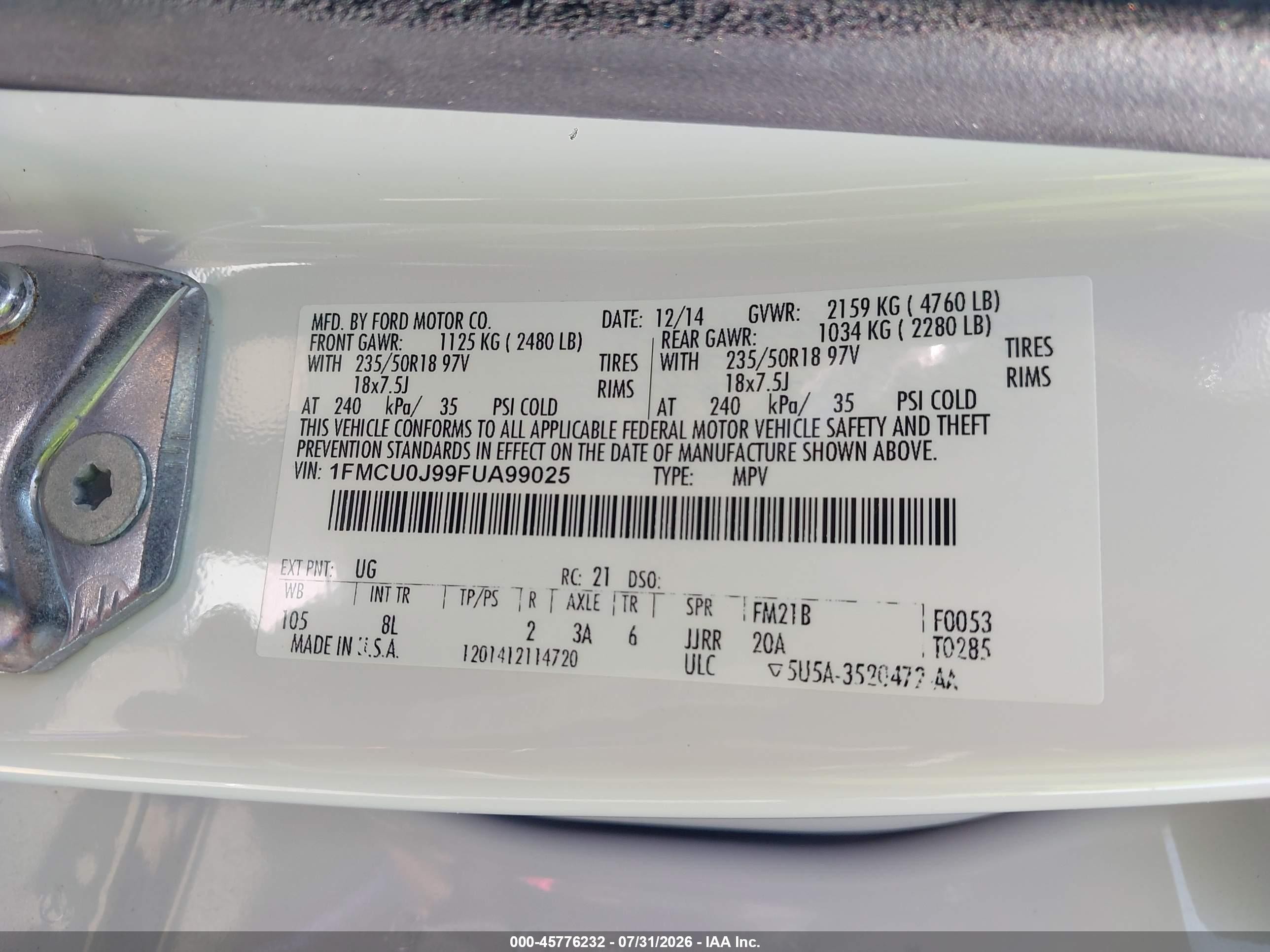 2015 Ford Escape Titanium White vin: 1FMCU0J99FUA99025
