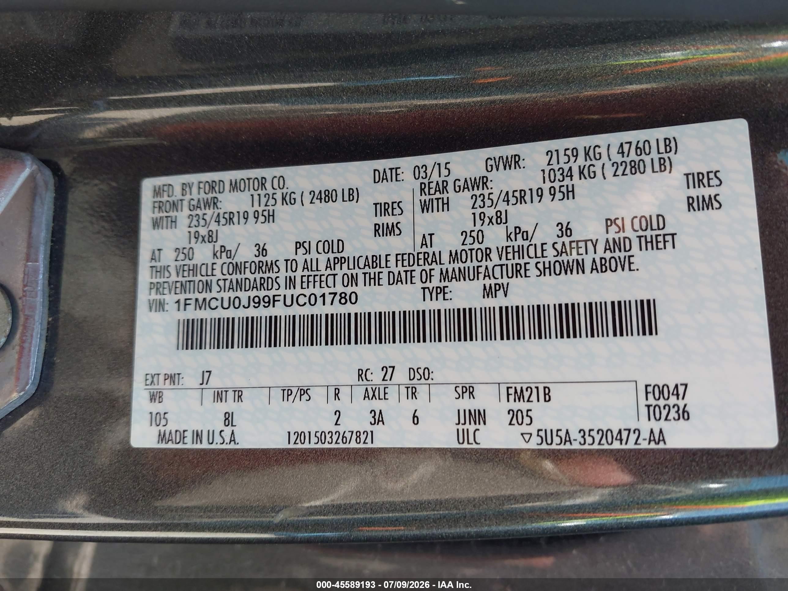 2015 Ford Escape Titanium Gray vin: 1FMCU0J99FUC01780