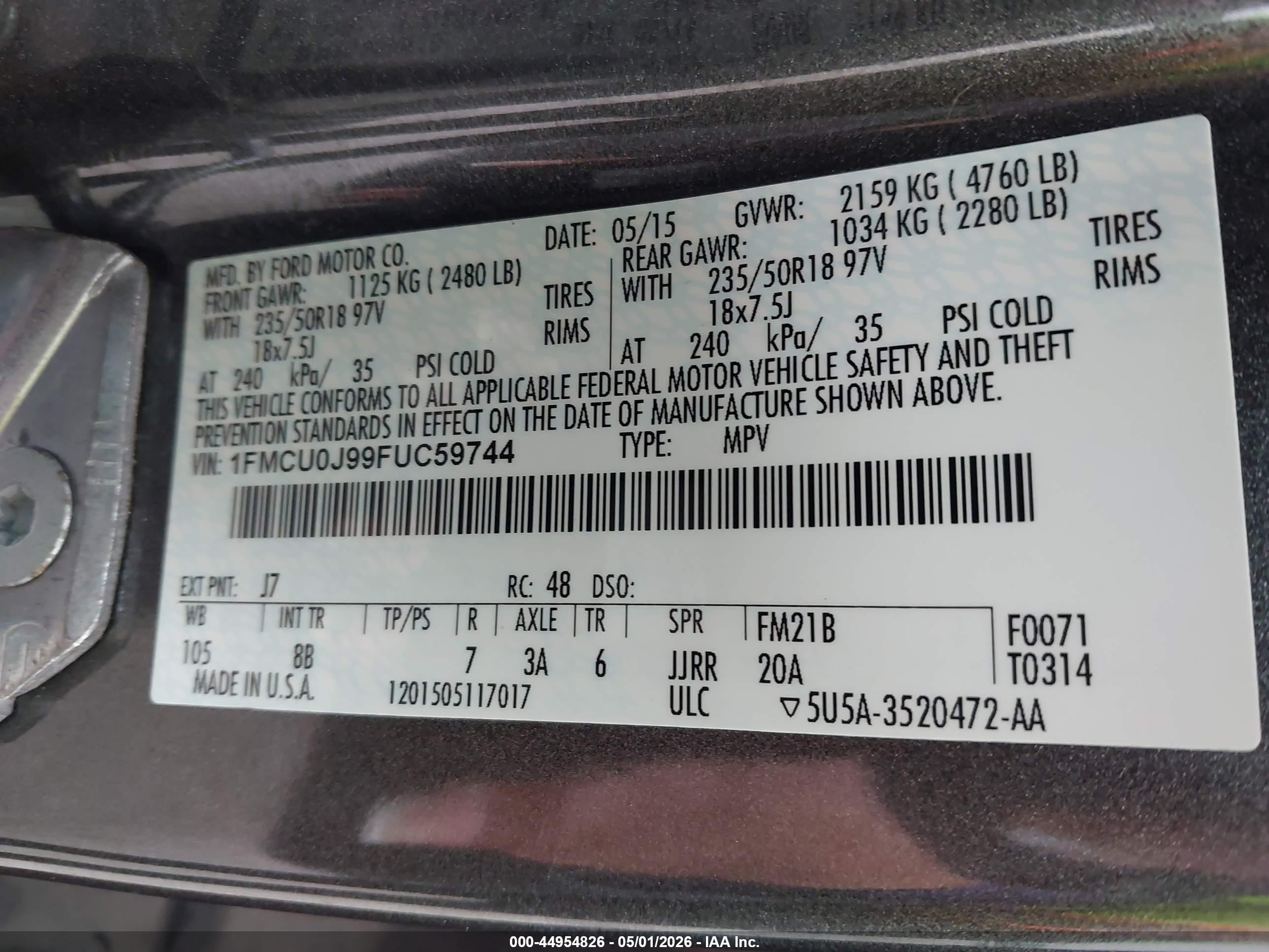 2015 Ford Escape Titanium Gray vin: 1FMCU0J99FUC59744