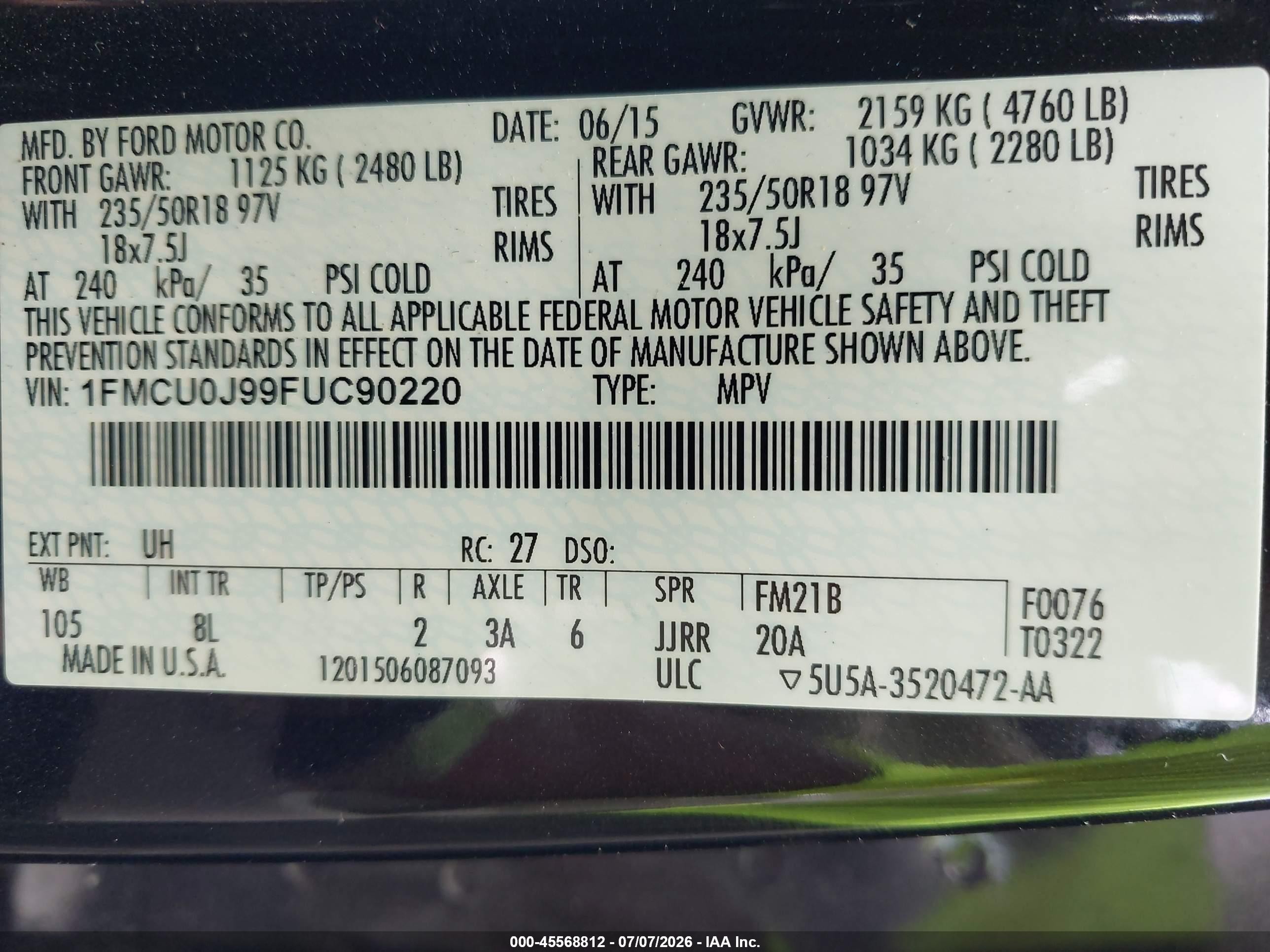 2015 Ford Escape Titanium Black vin: 1FMCU0J99FUC90220