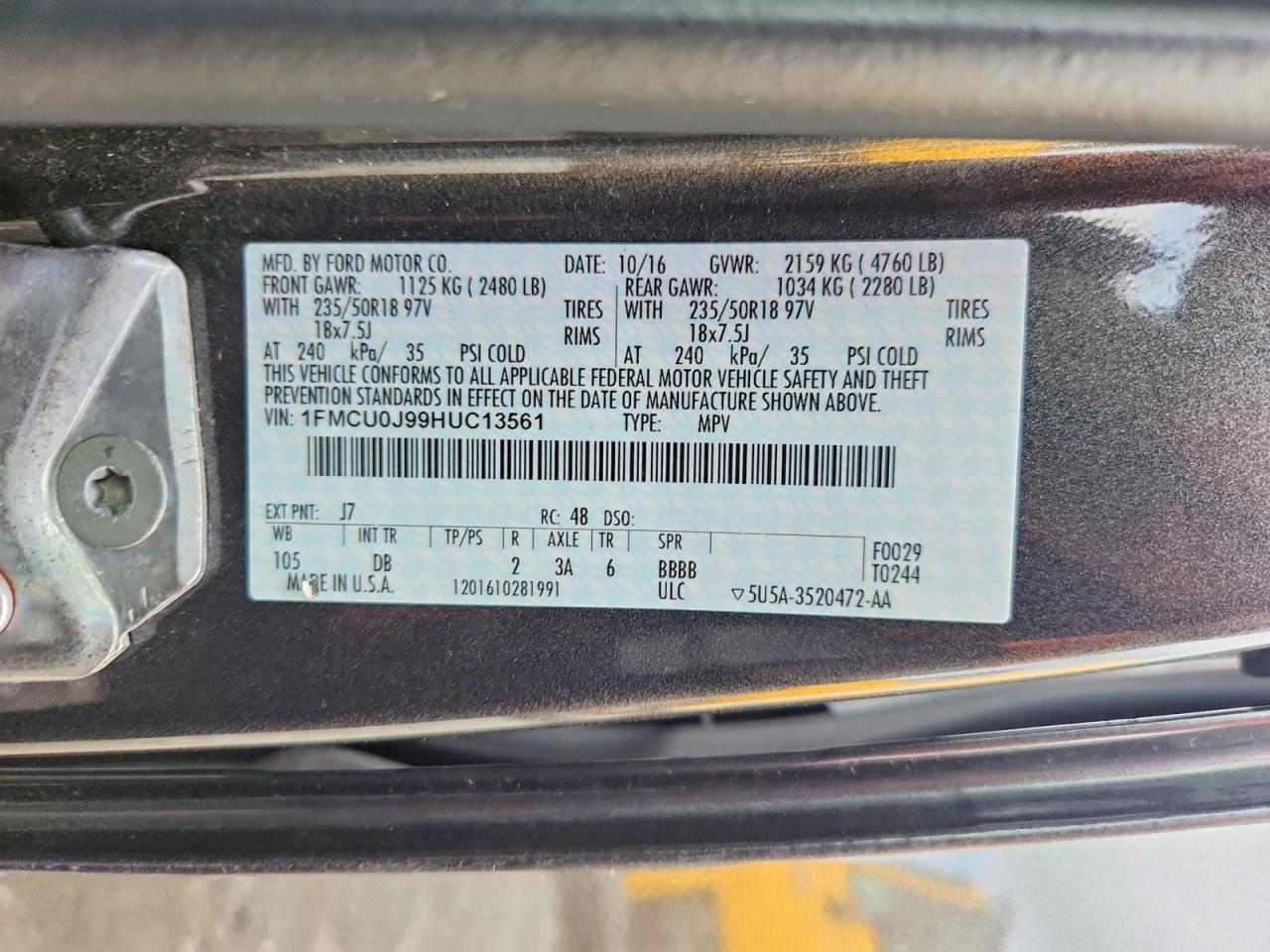 2017 Ford Escape Titanium Угольный vin: 1FMCU0J99HUC13561