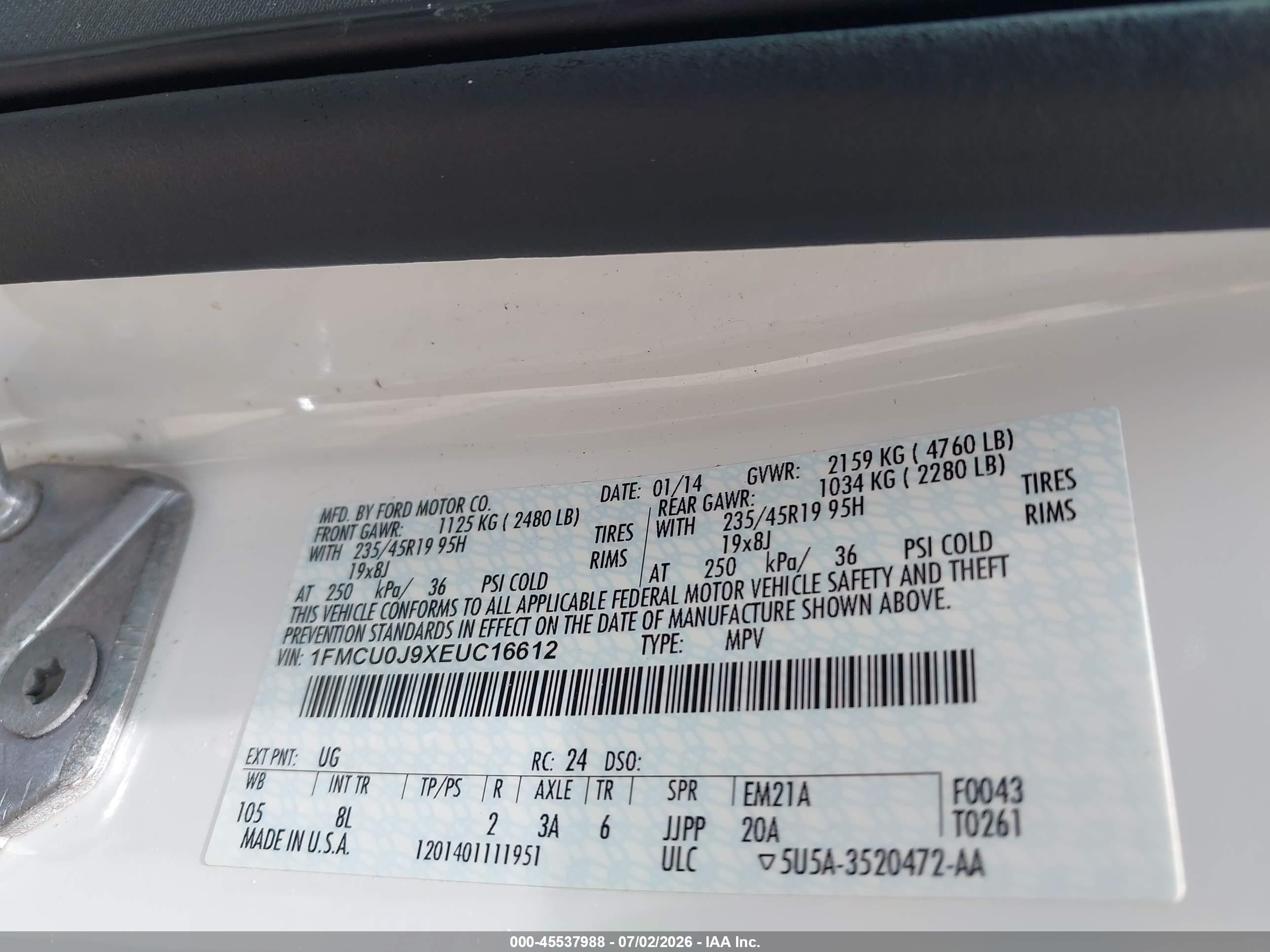 2014 Ford Escape Titanium White vin: 1FMCU0J9XEUC16612