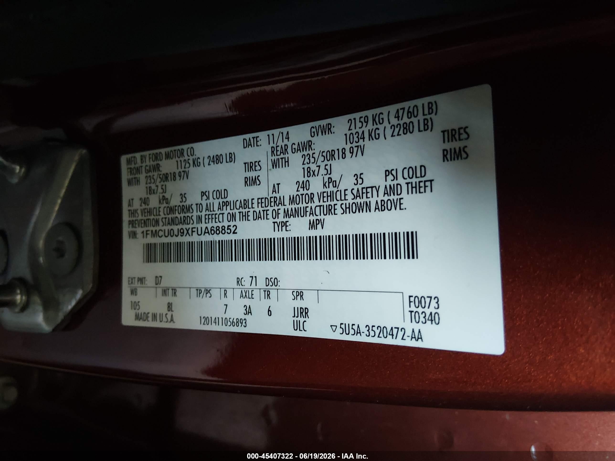 2015 Ford Escape Titanium Red vin: 1FMCU0J9XFUA68852