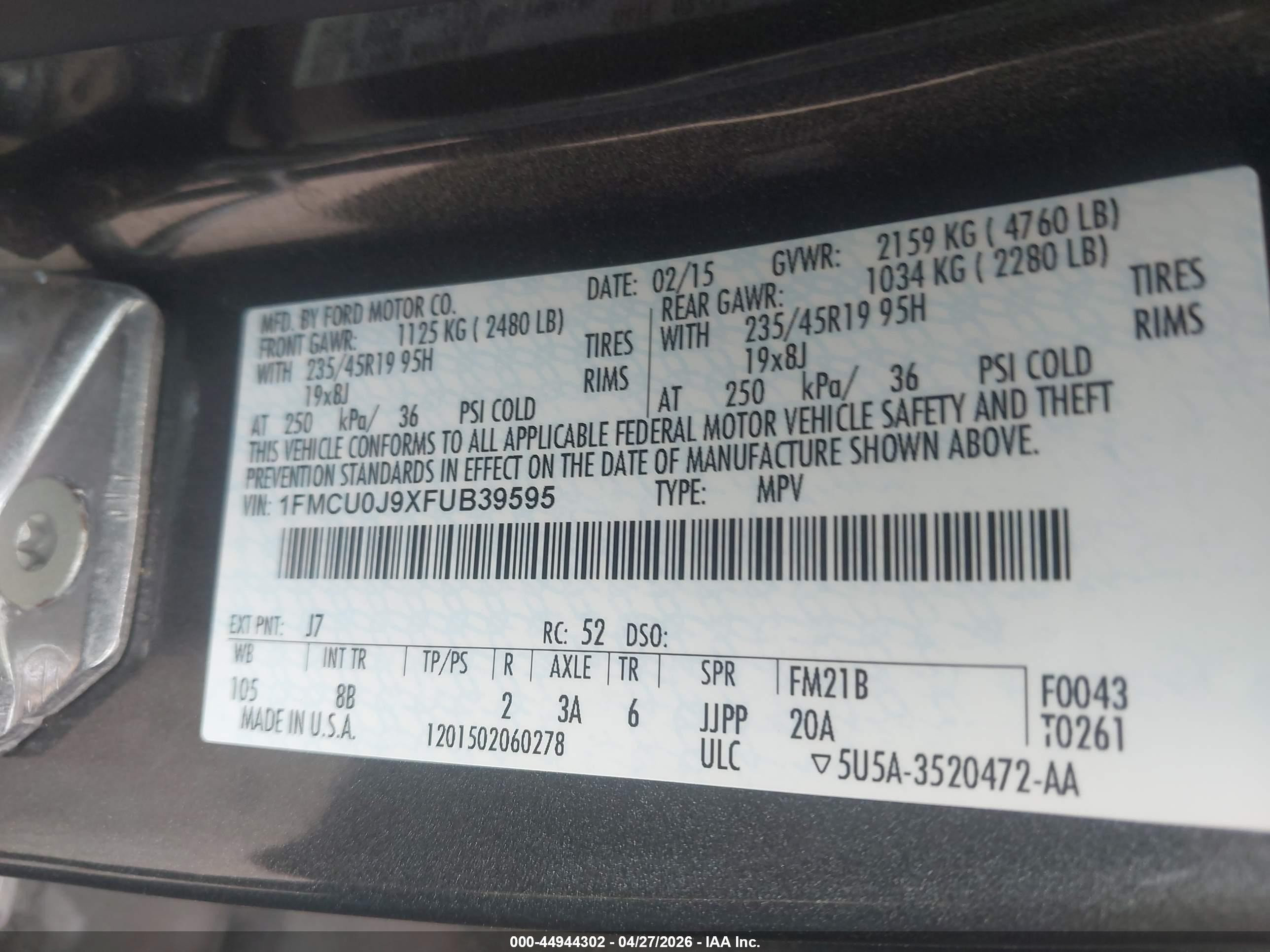 2015 Ford Escape Titanium Gray vin: 1FMCU0J9XFUB39595