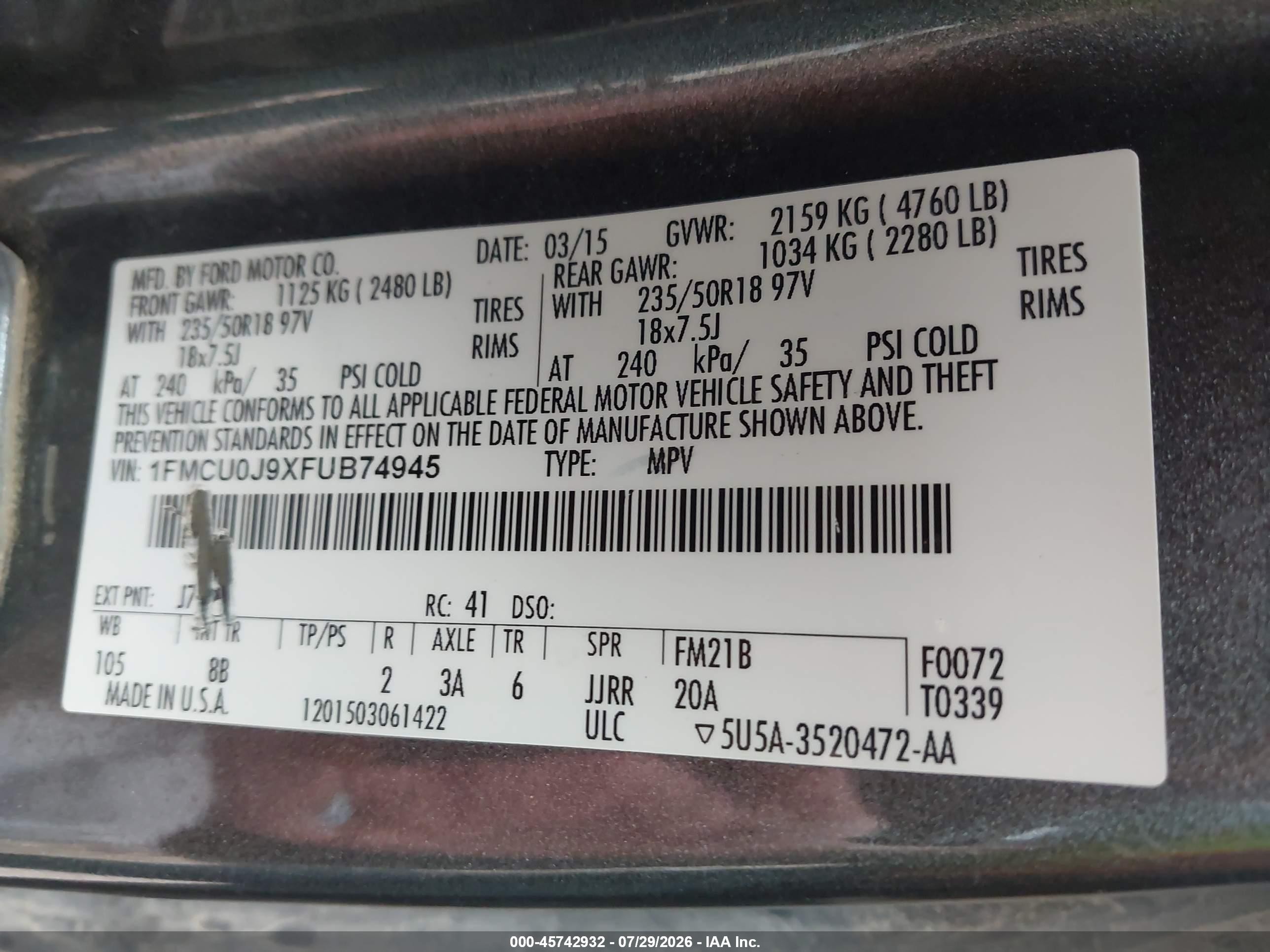 2015 Ford Escape Titanium Gray vin: 1FMCU0J9XFUB74945