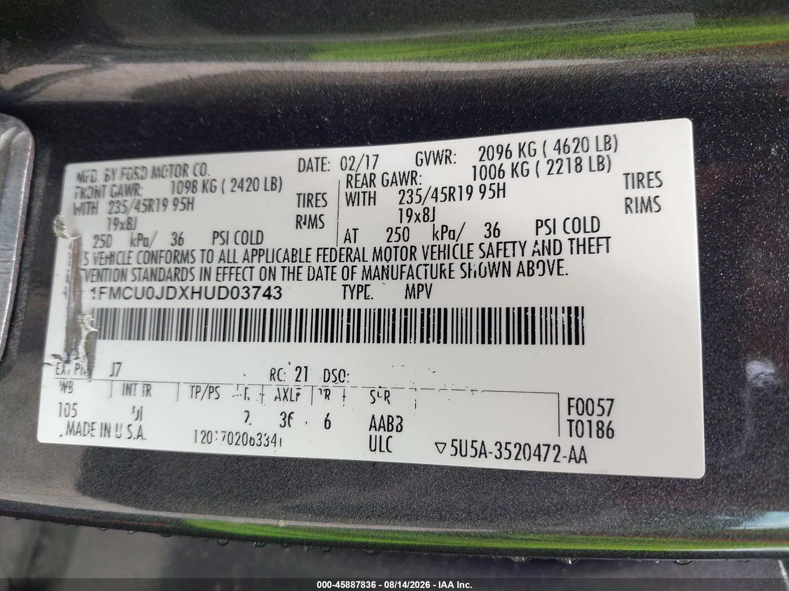 2017 Ford Escape Titanium Gray vin: 1FMCU0JDXHUD03743