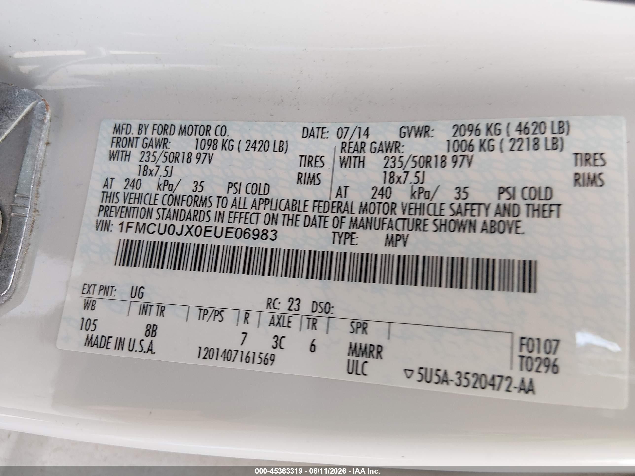 2014 Ford Escape Titanium White vin: 1FMCU0JX0EUE06983