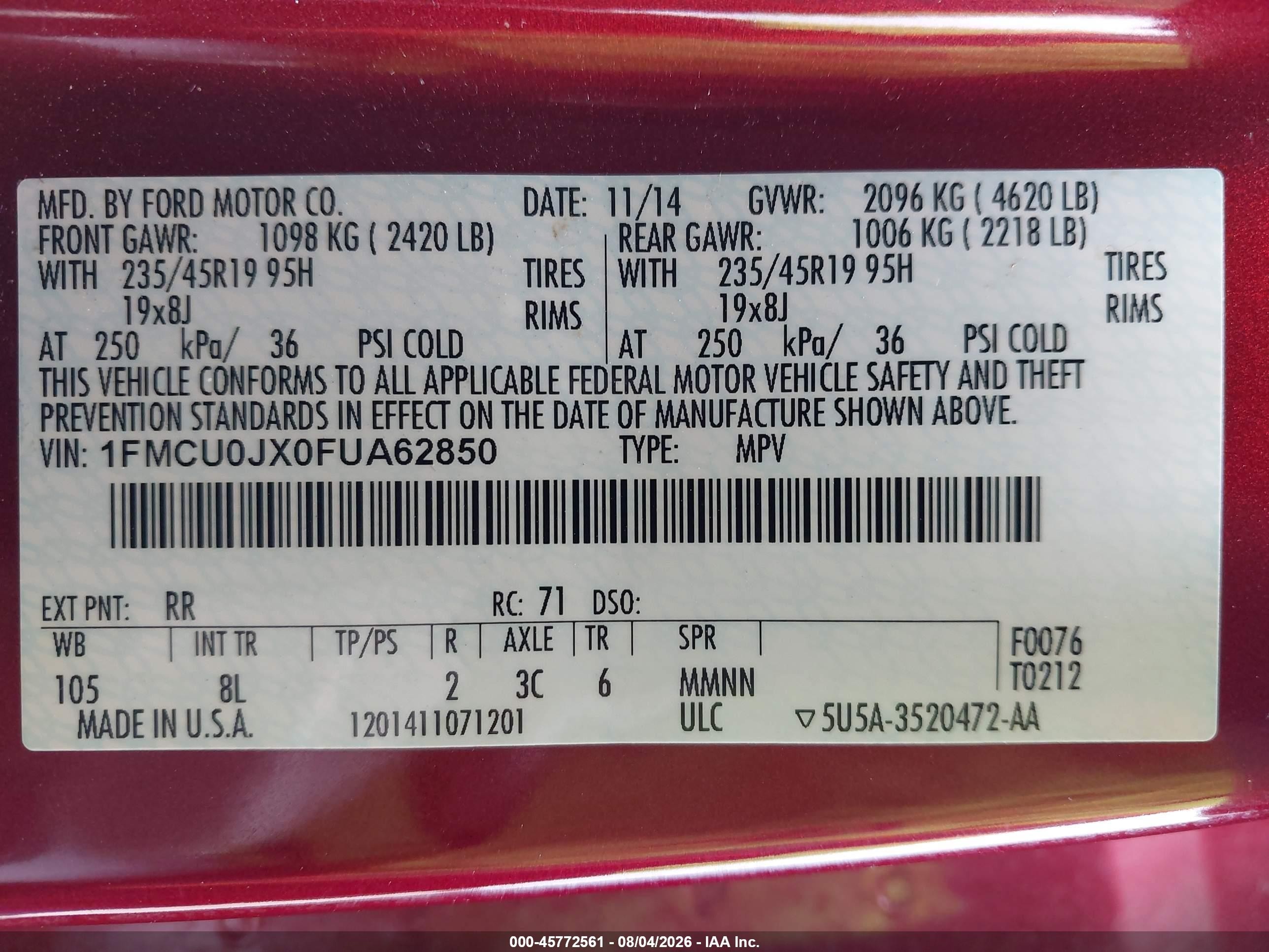 2015 Ford Escape Titanium Red vin: 1FMCU0JX0FUA62850