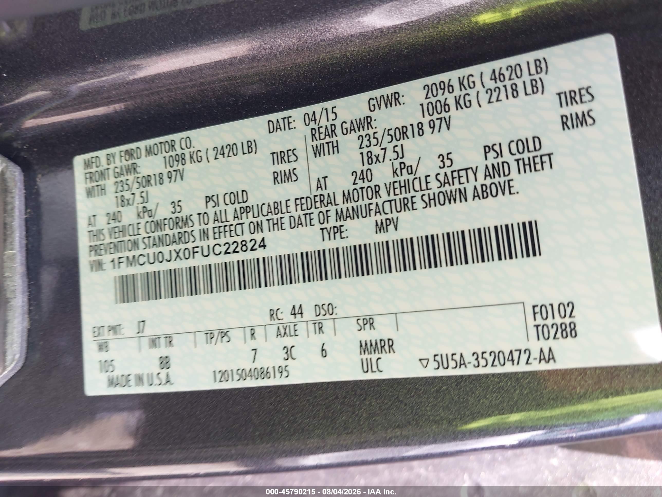 2015 Ford Escape Titanium Gray vin: 1FMCU0JX0FUC22824