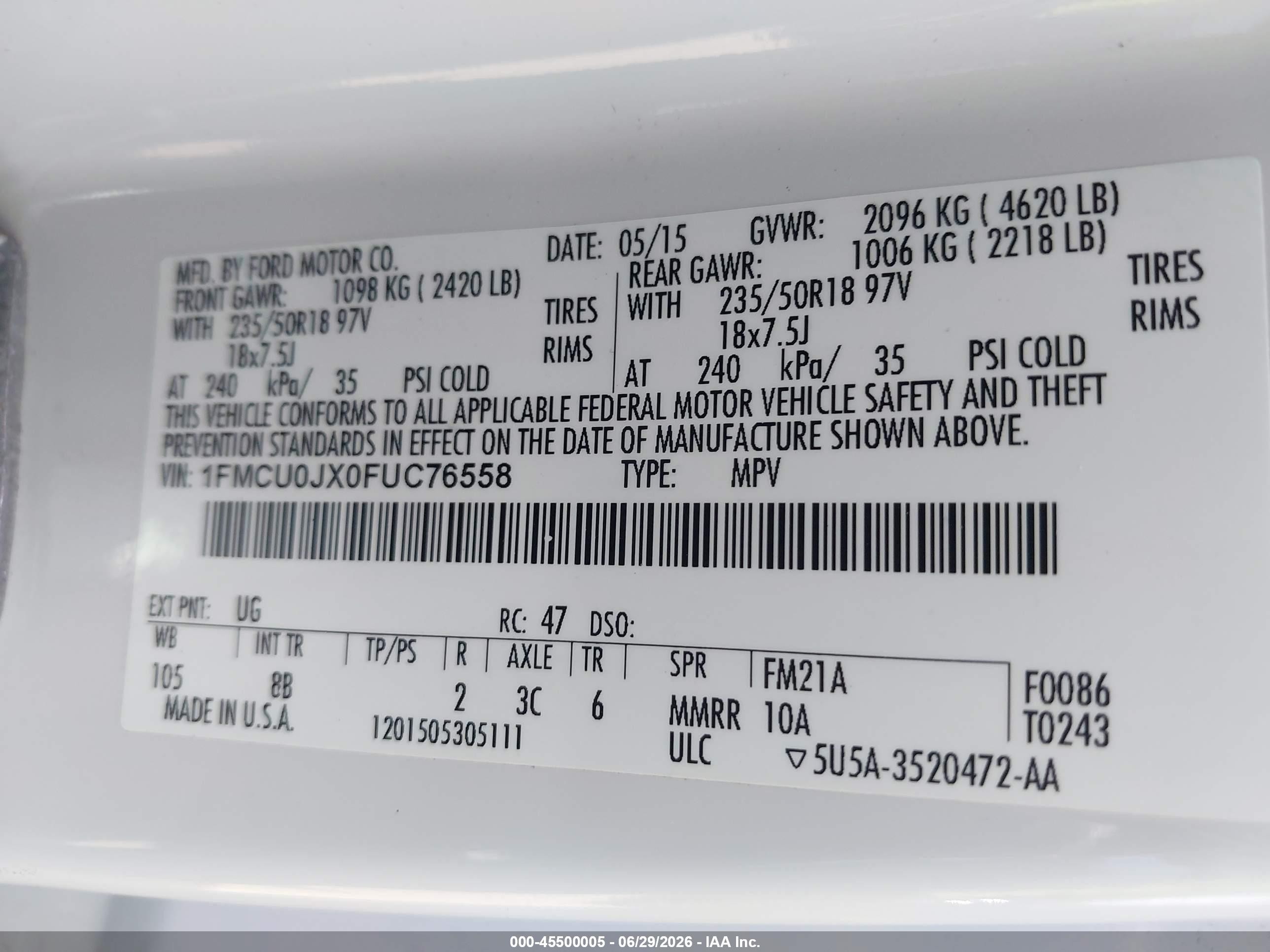 2015 Ford Escape Titanium White vin: 1FMCU0JX0FUC76558