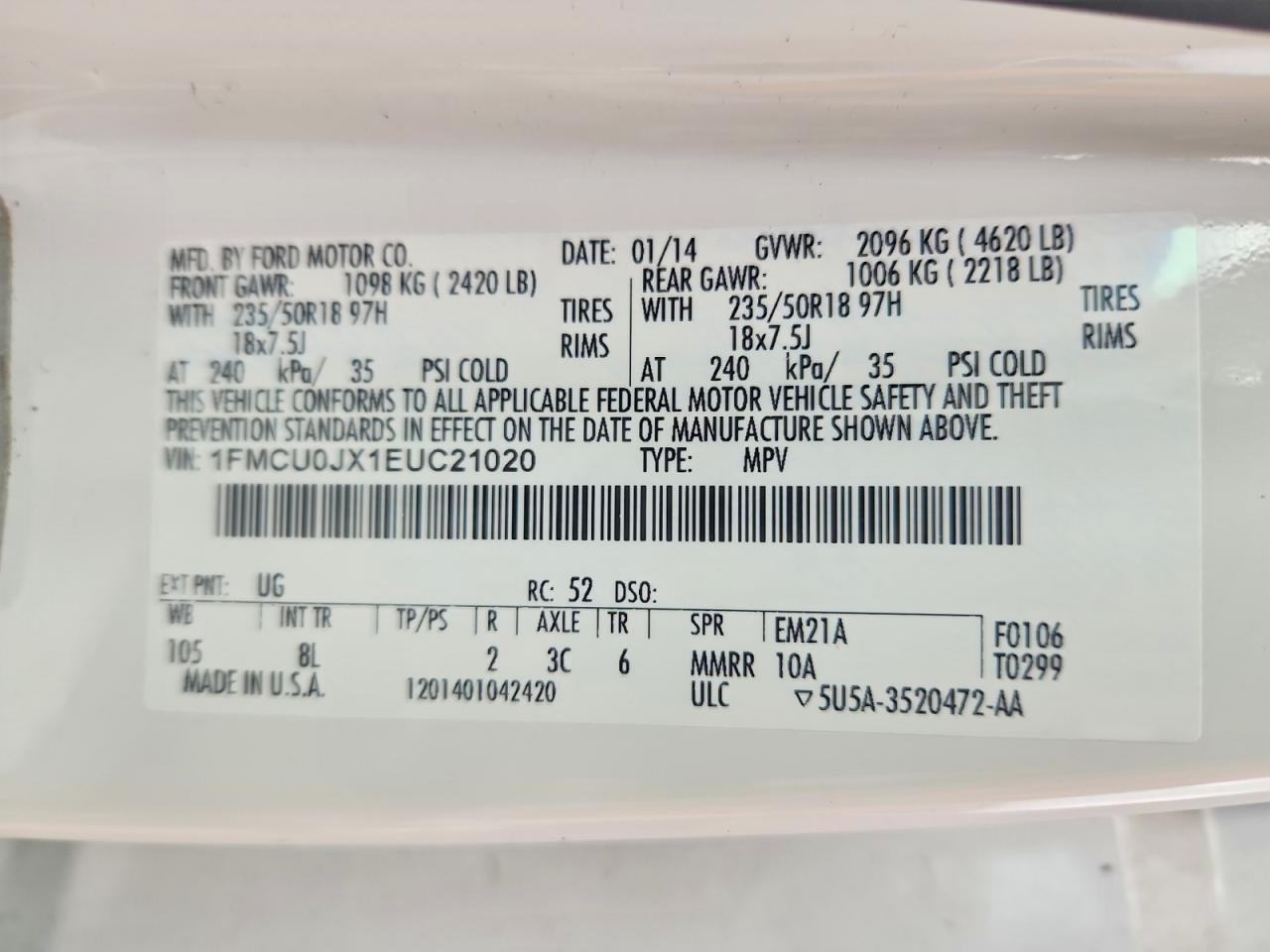 2014 Ford Escape Titanium White vin: 1FMCU0JX1EUC21020