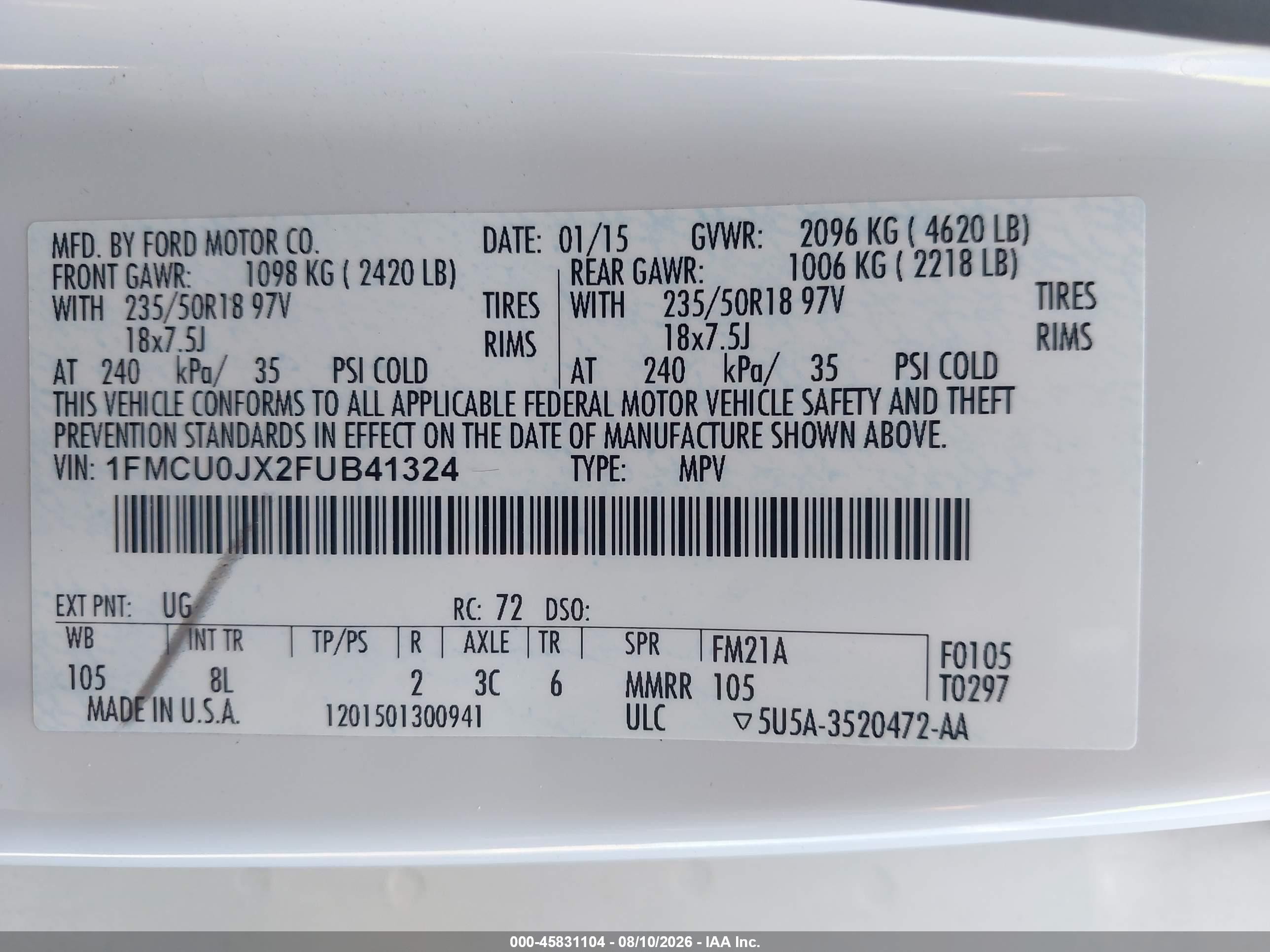 2015 Ford Escape Titanium Белый vin: 1FMCU0JX2FUB41324