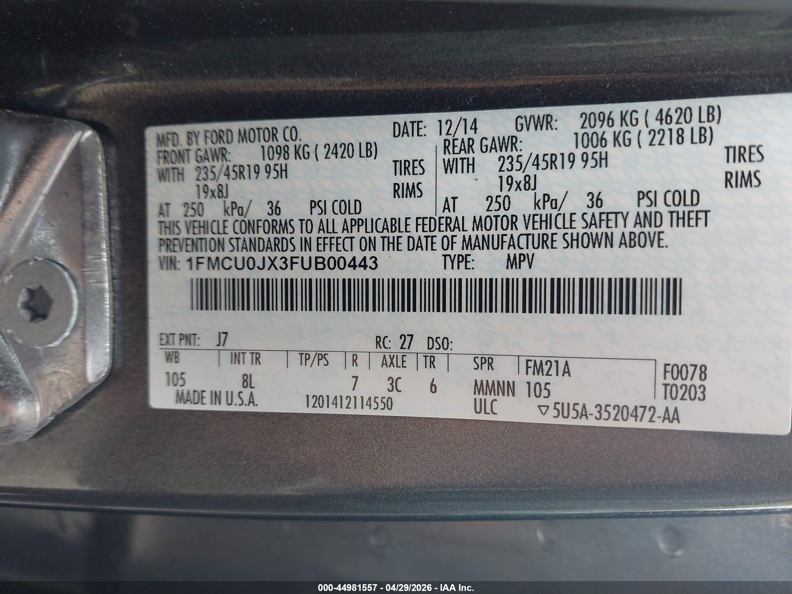 2015 Ford Escape Titanium Gray vin: 1FMCU0JX3FUB00443