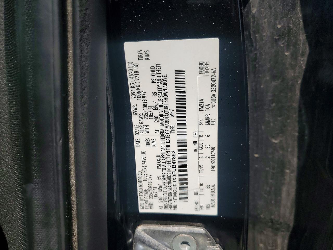 2015 Ford Escape Titanium Charcoal vin: 1FMCU0JX3FUB47892