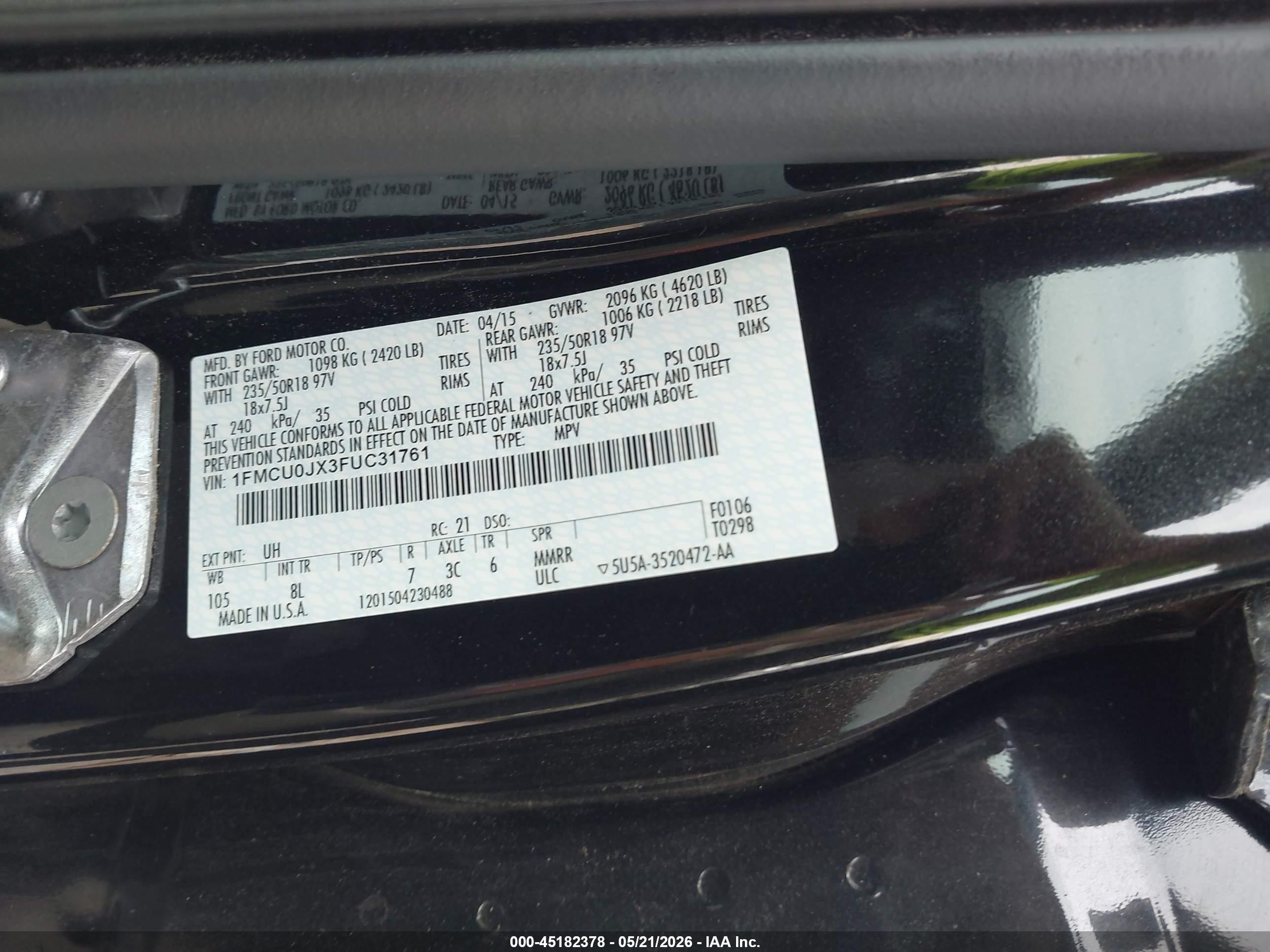 2015 Ford Escape Titanium Black vin: 1FMCU0JX3FUC31761