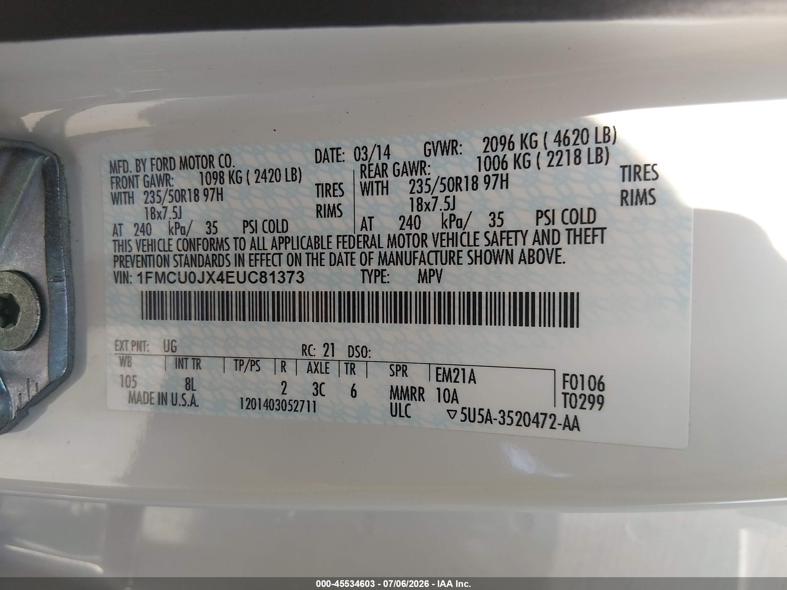 2014 Ford Escape Titanium Белый vin: 1FMCU0JX4EUC81373