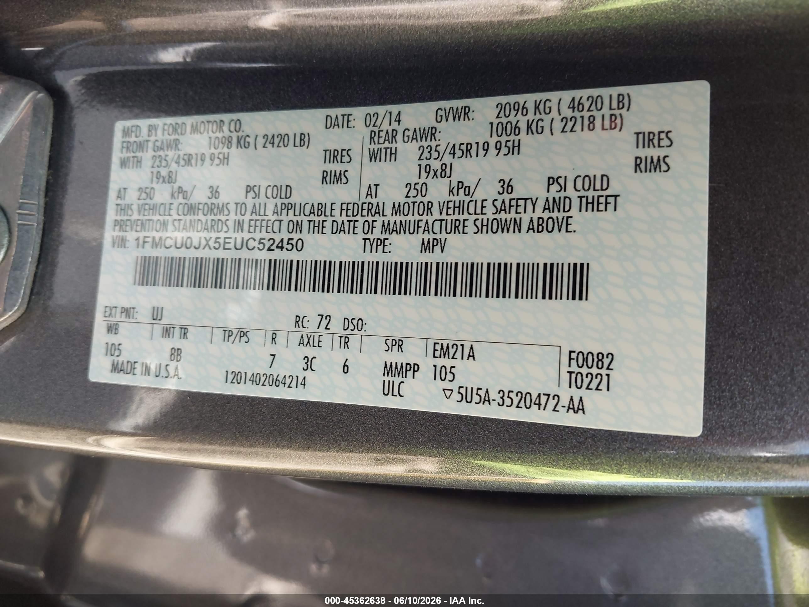 2014 Ford Escape Titanium Gray vin: 1FMCU0JX5EUC52450