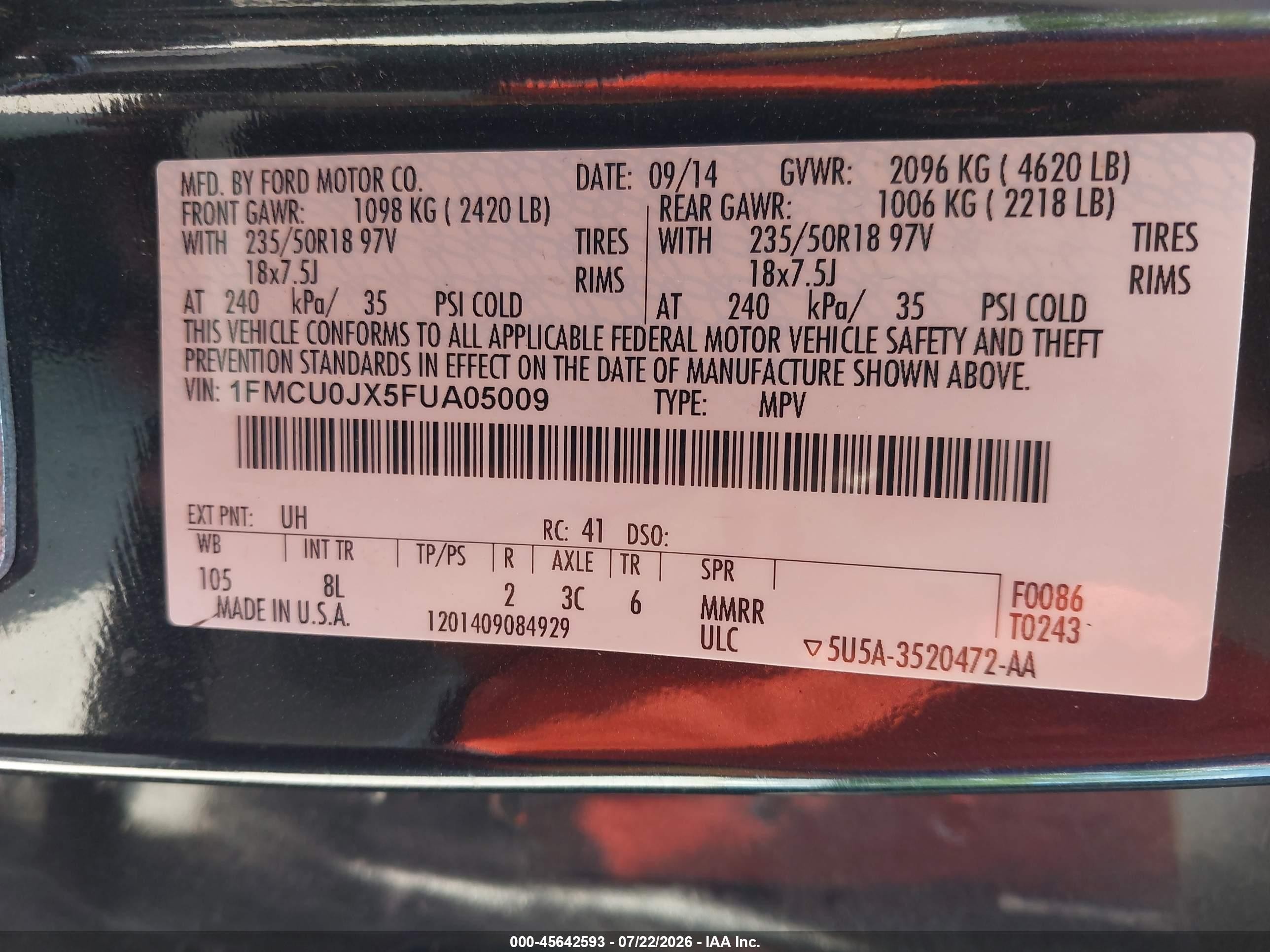 2015 Ford Escape Titanium Black vin: 1FMCU0JX5FUA05009