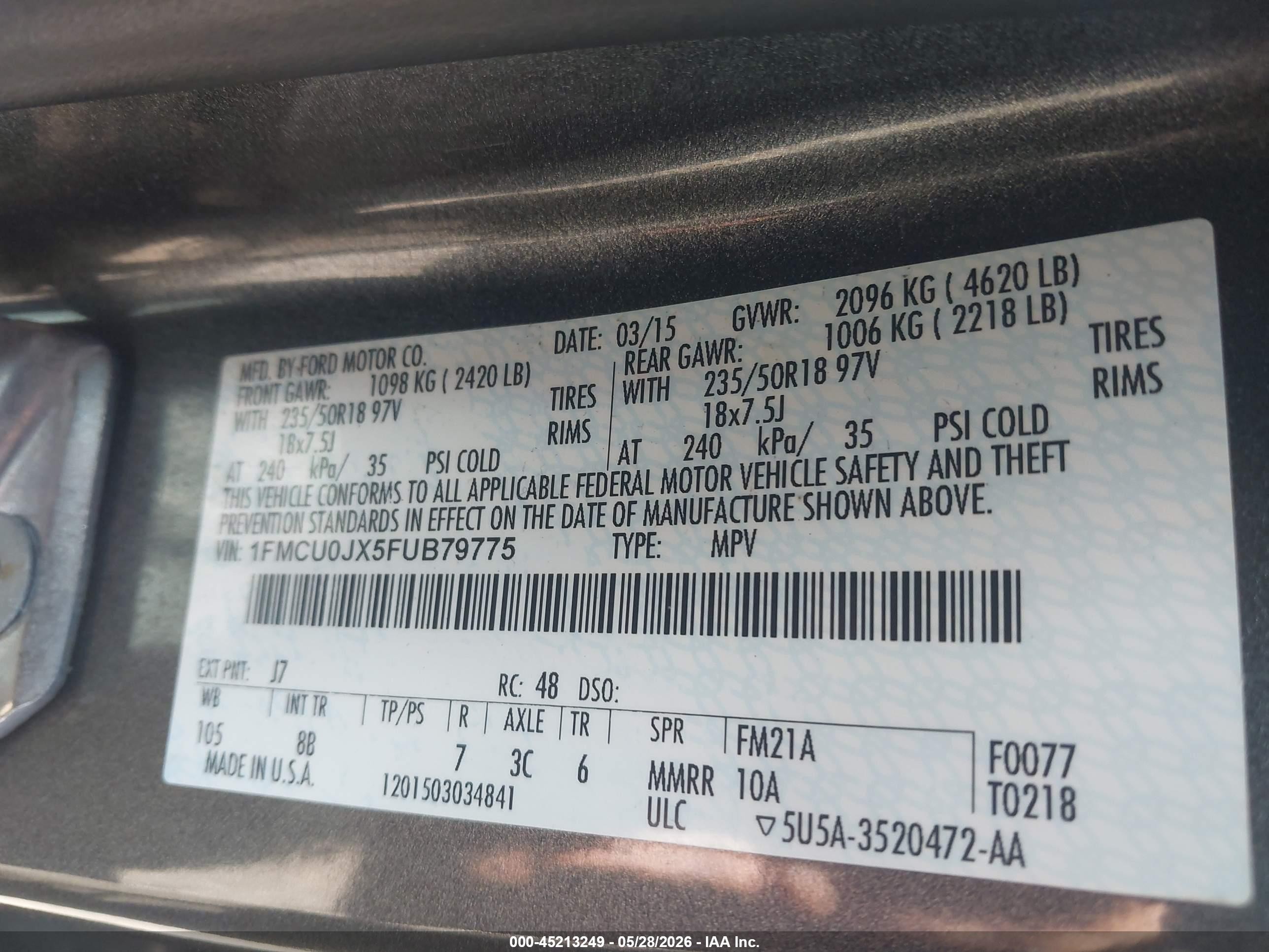 2015 Ford Escape Titanium Gray vin: 1FMCU0JX5FUB79775
