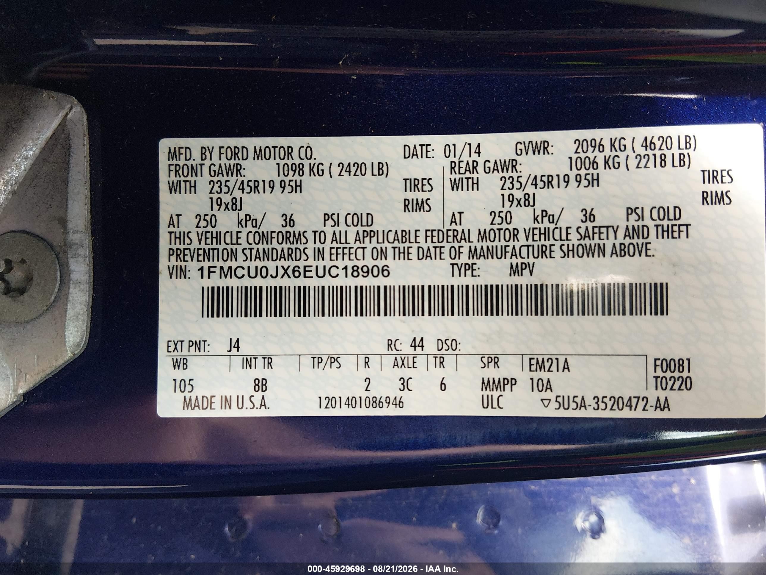 2014 Ford Escape Titanium Blue vin: 1FMCU0JX6EUC18906