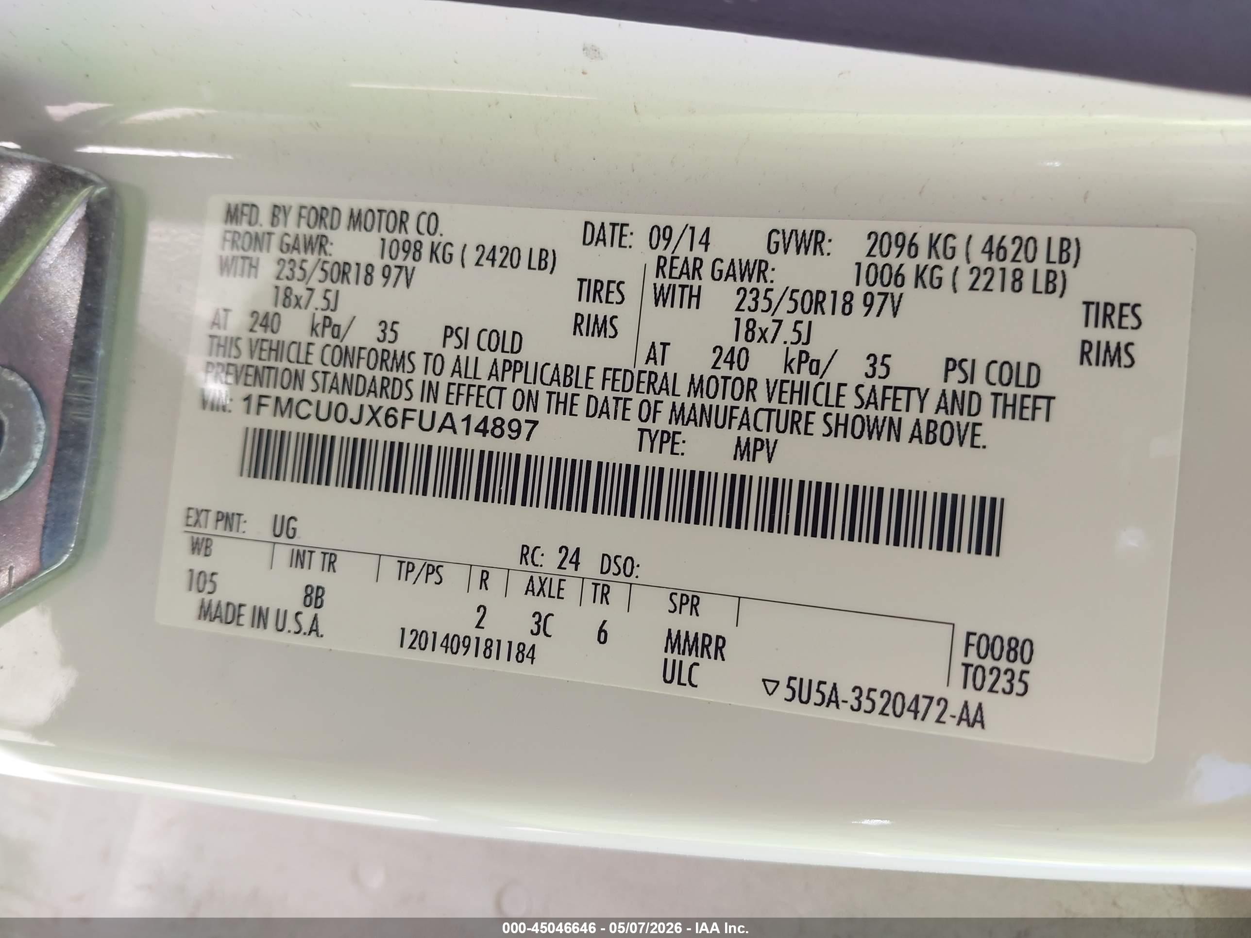 2015 Ford Escape Titanium Белый vin: 1FMCU0JX6FUA14897
