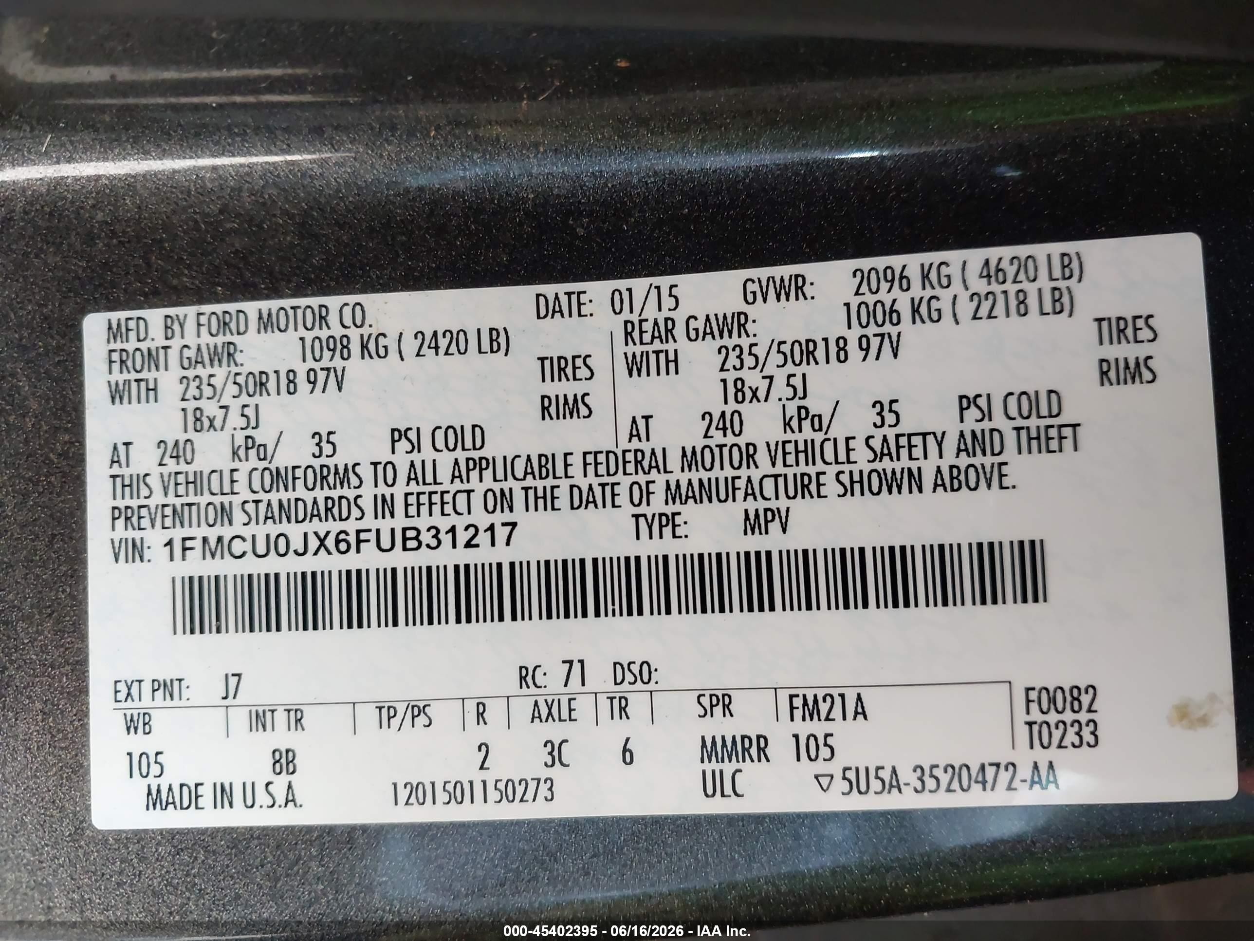 2015 Ford Escape Titanium Серый vin: 1FMCU0JX6FUB31217