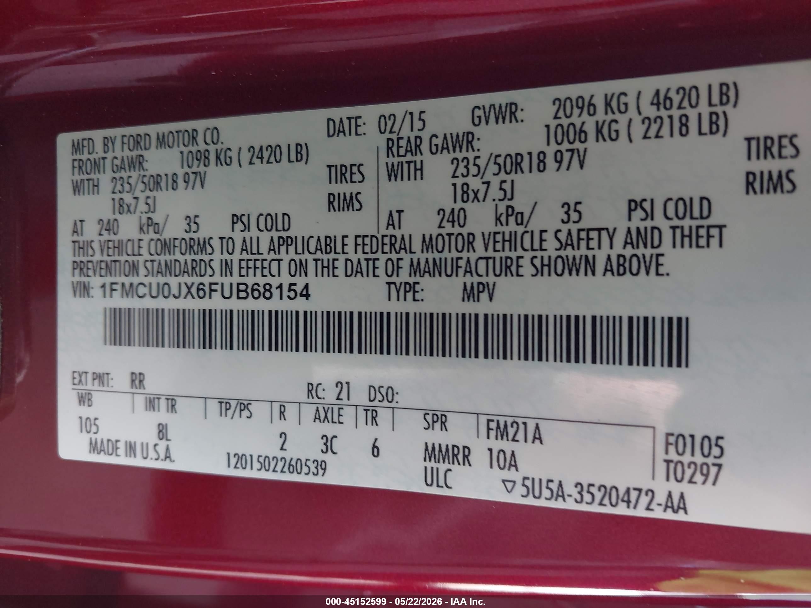 2015 Ford Escape Titanium Red vin: 1FMCU0JX6FUB68154
