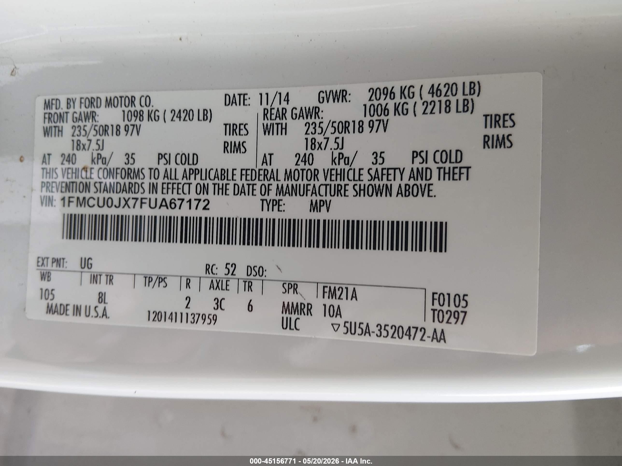 2015 Ford Escape Titanium White vin: 1FMCU0JX7FUA67172