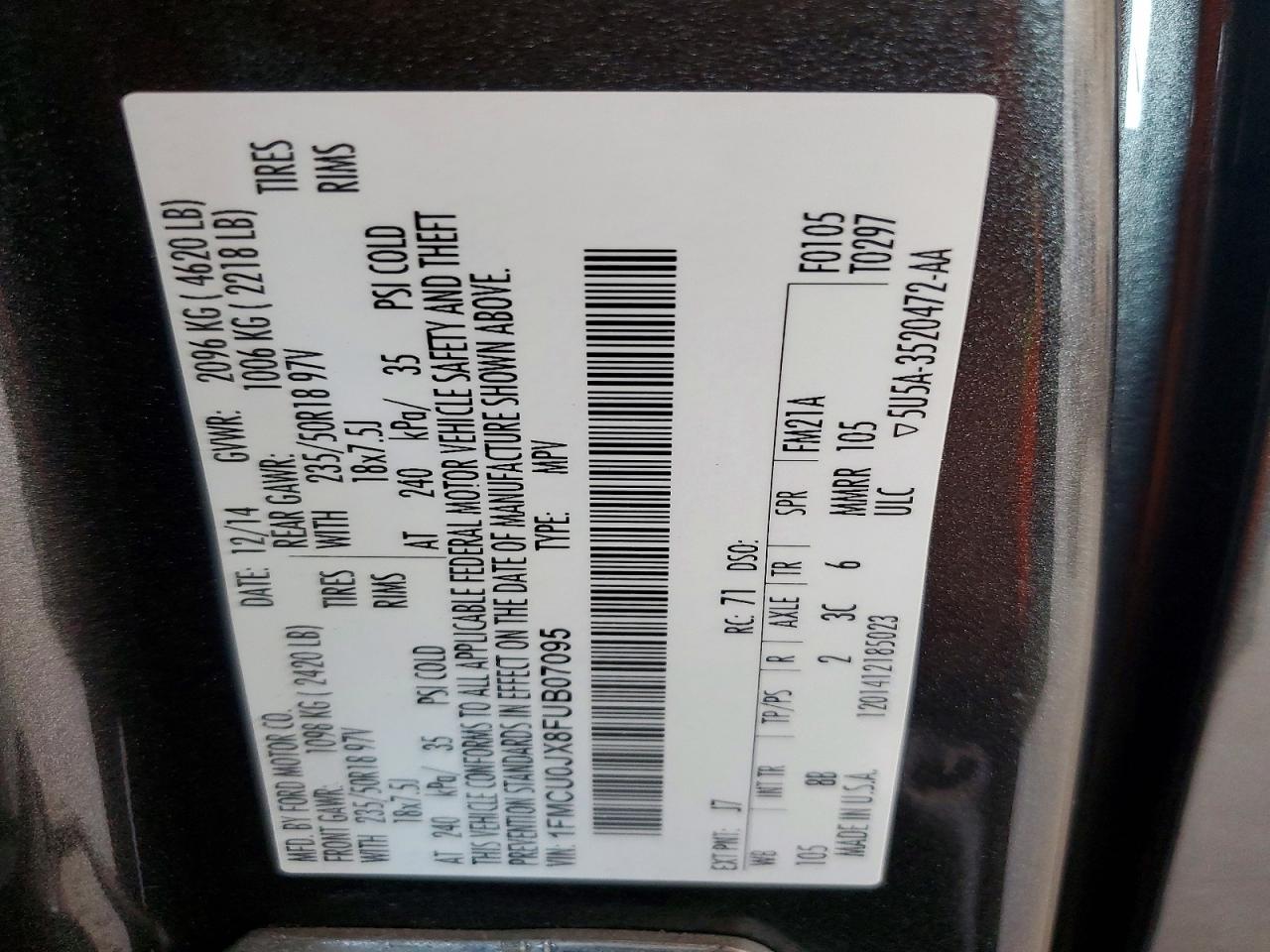 2015 Ford Escape Titanium Серый vin: 1FMCU0JX8FUB07095