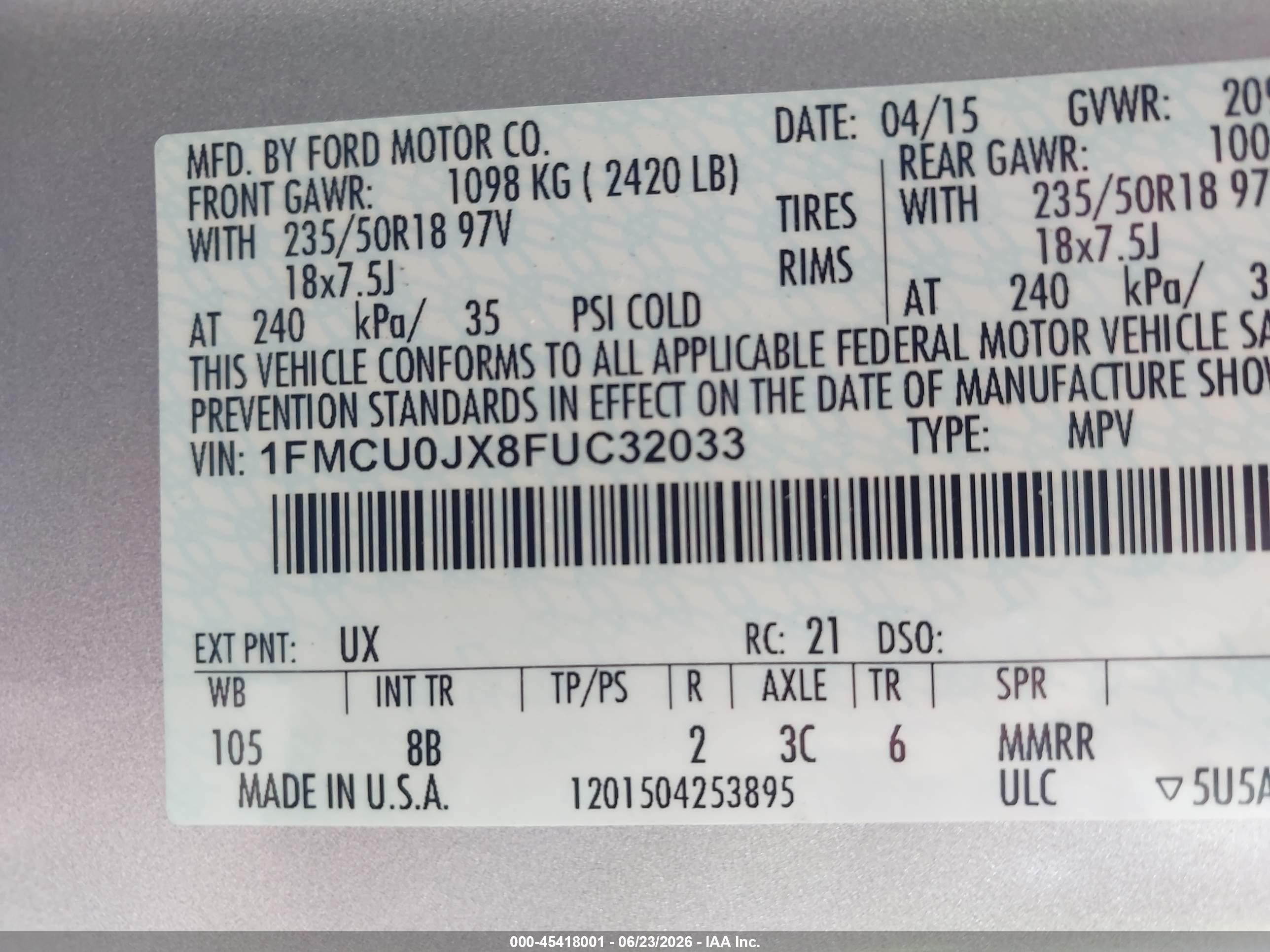 2015 Ford Escape Titanium Silver vin: 1FMCU0JX8FUC32033