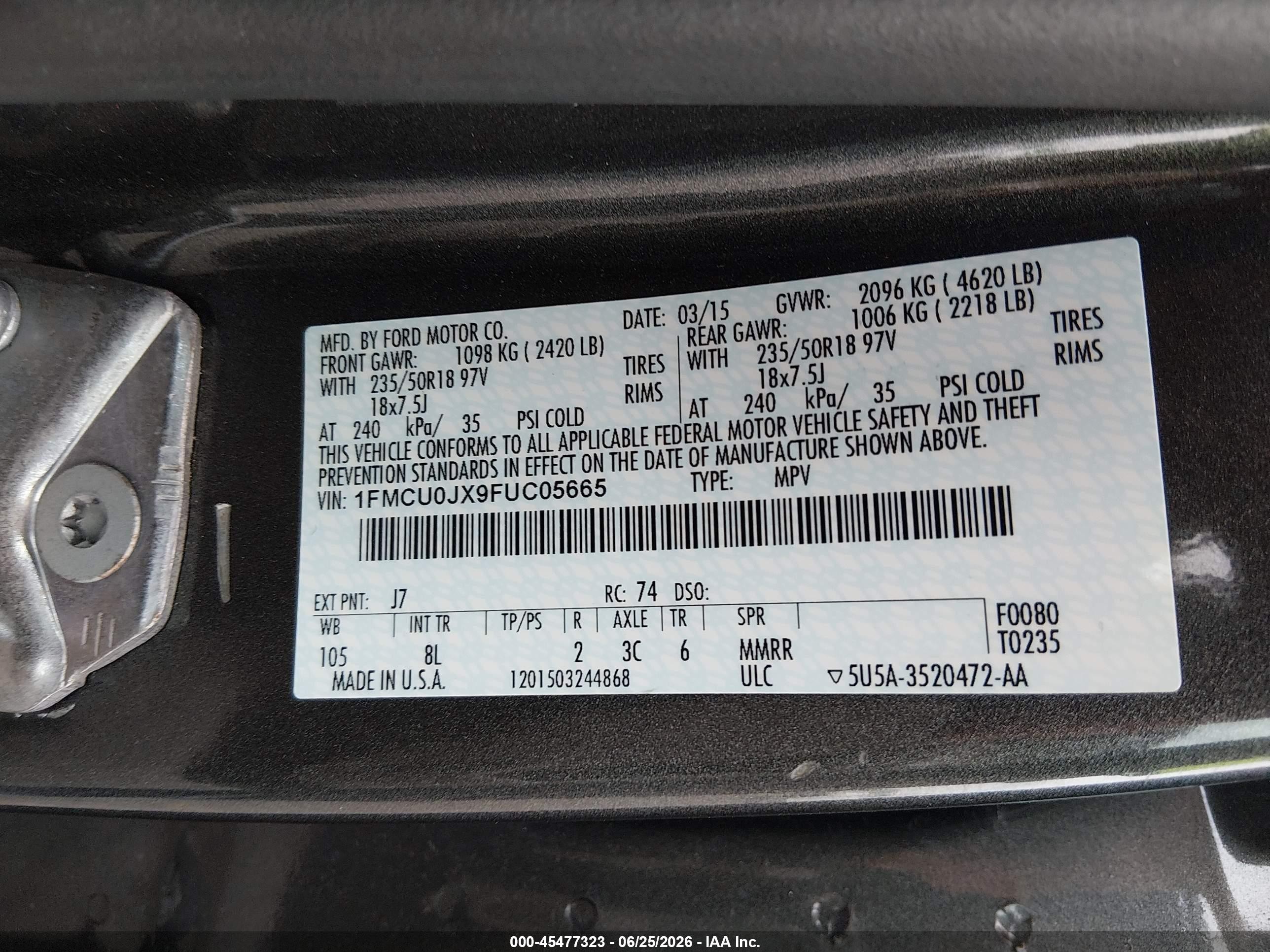 2015 Ford Escape Titanium Gray vin: 1FMCU0JX9FUC05665