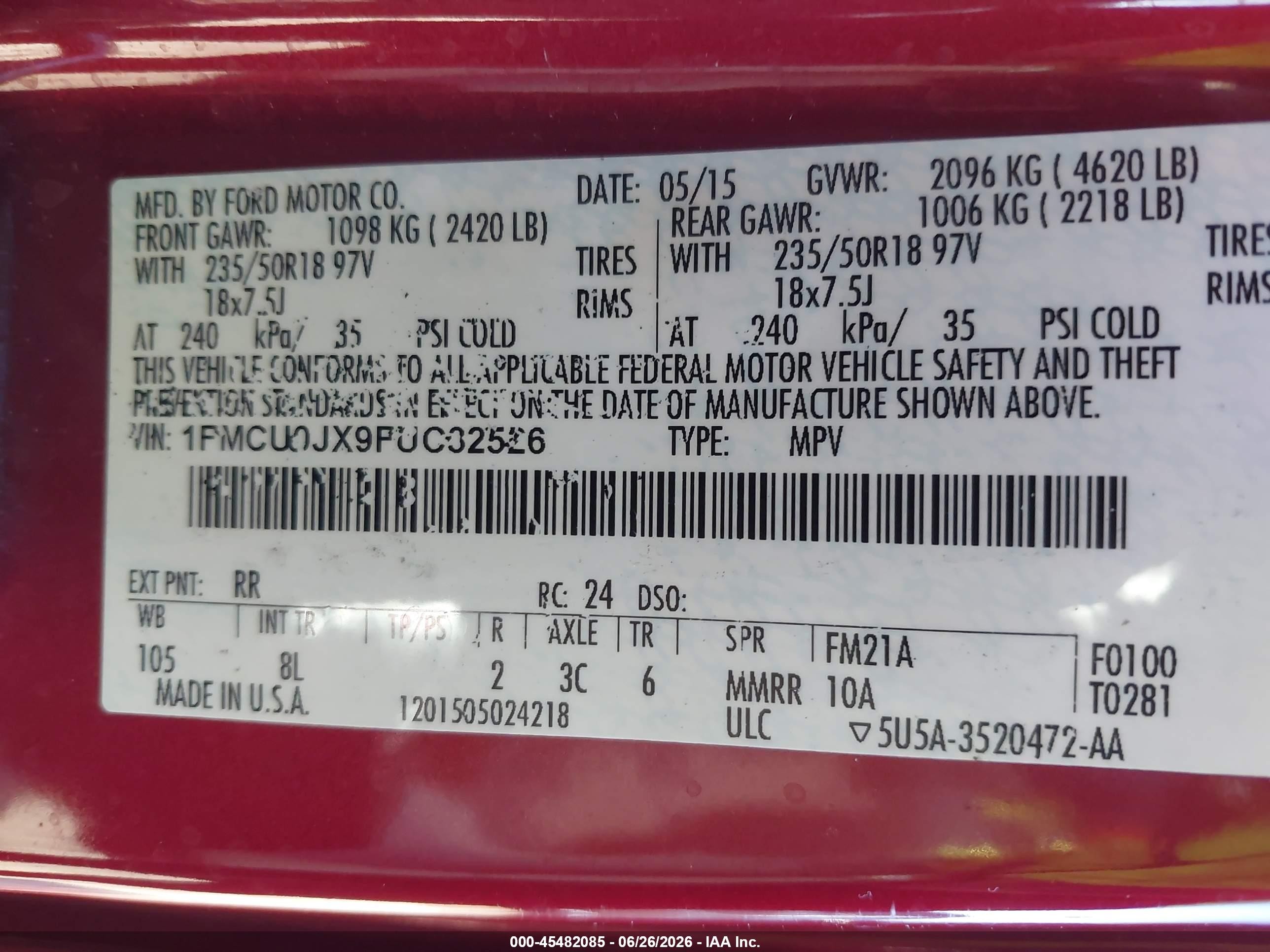 2015 Ford Escape Titanium Red vin: 1FMCU0JX9FUC32526