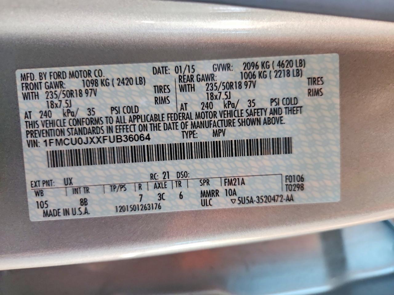 2015 Ford Escape Titanium Silver vin: 1FMCU0JXXFUB36064