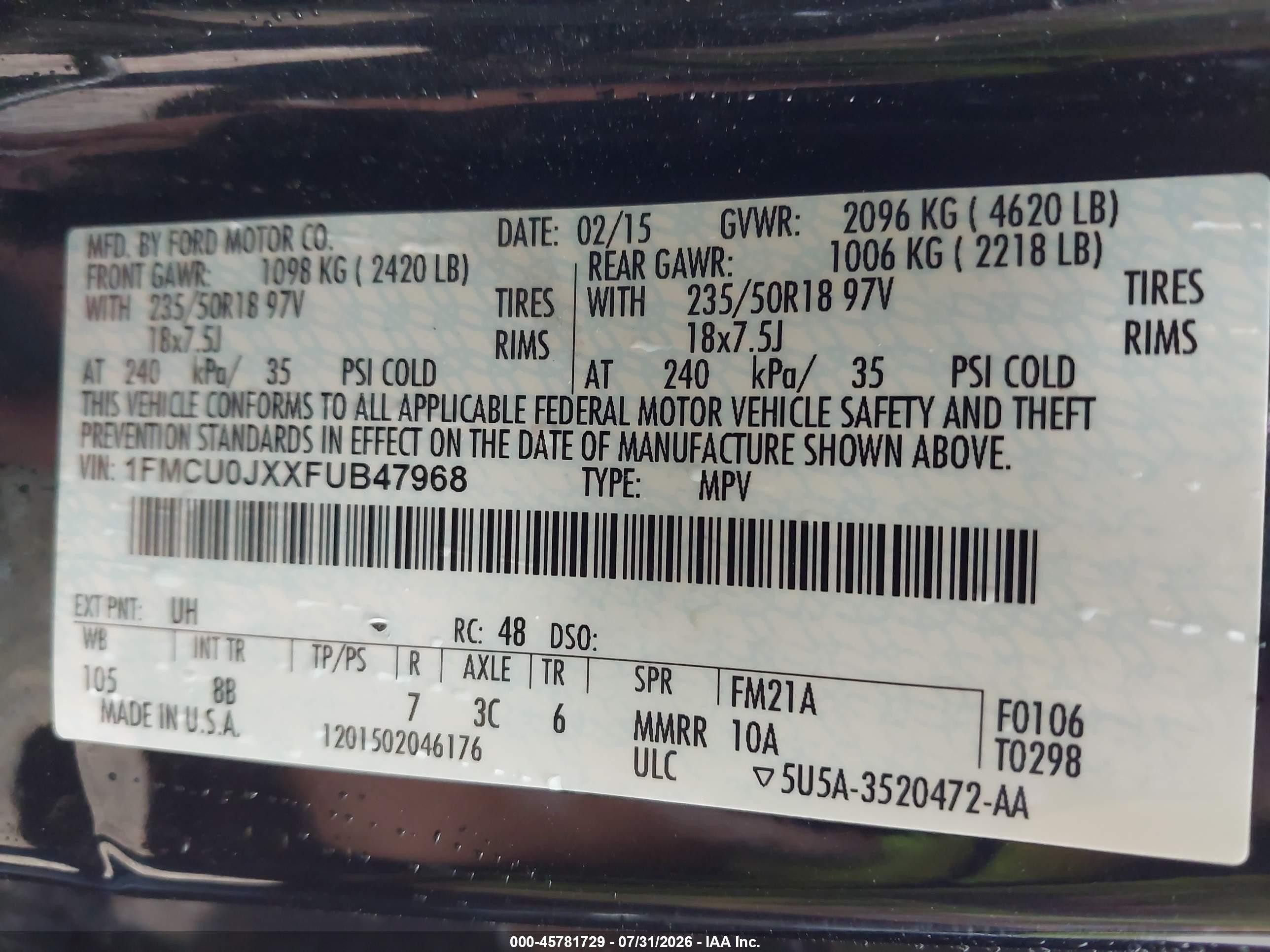 2015 Ford Escape Titanium Черный vin: 1FMCU0JXXFUB47968