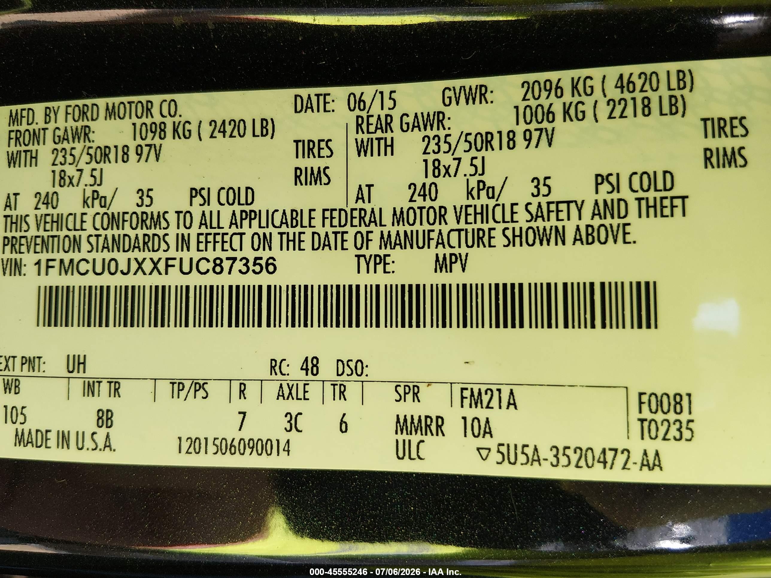 2015 Ford Escape Titanium Черный vin: 1FMCU0JXXFUC87356