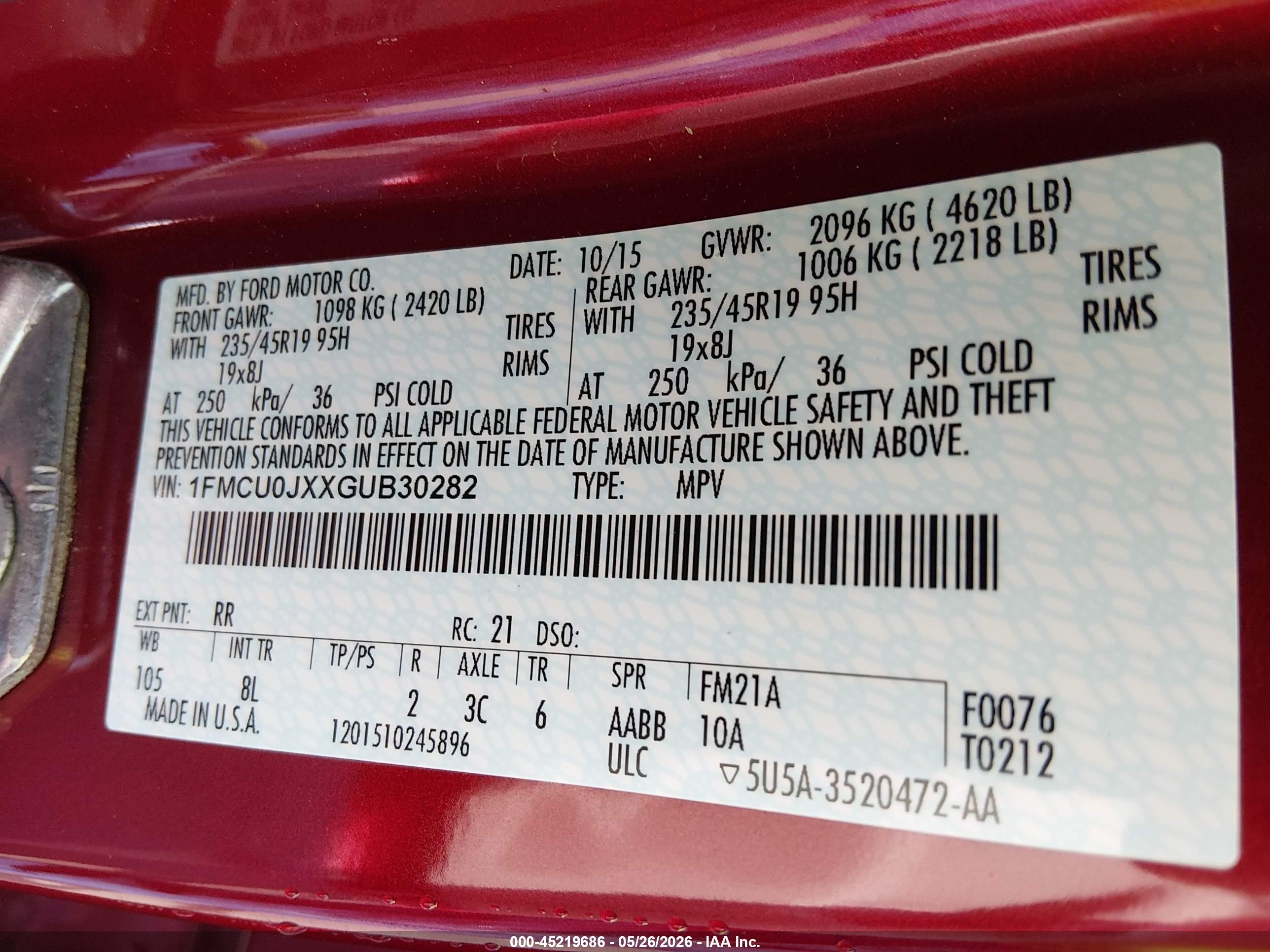 2016 Ford Escape Titanium Red vin: 1FMCU0JXXGUB30282