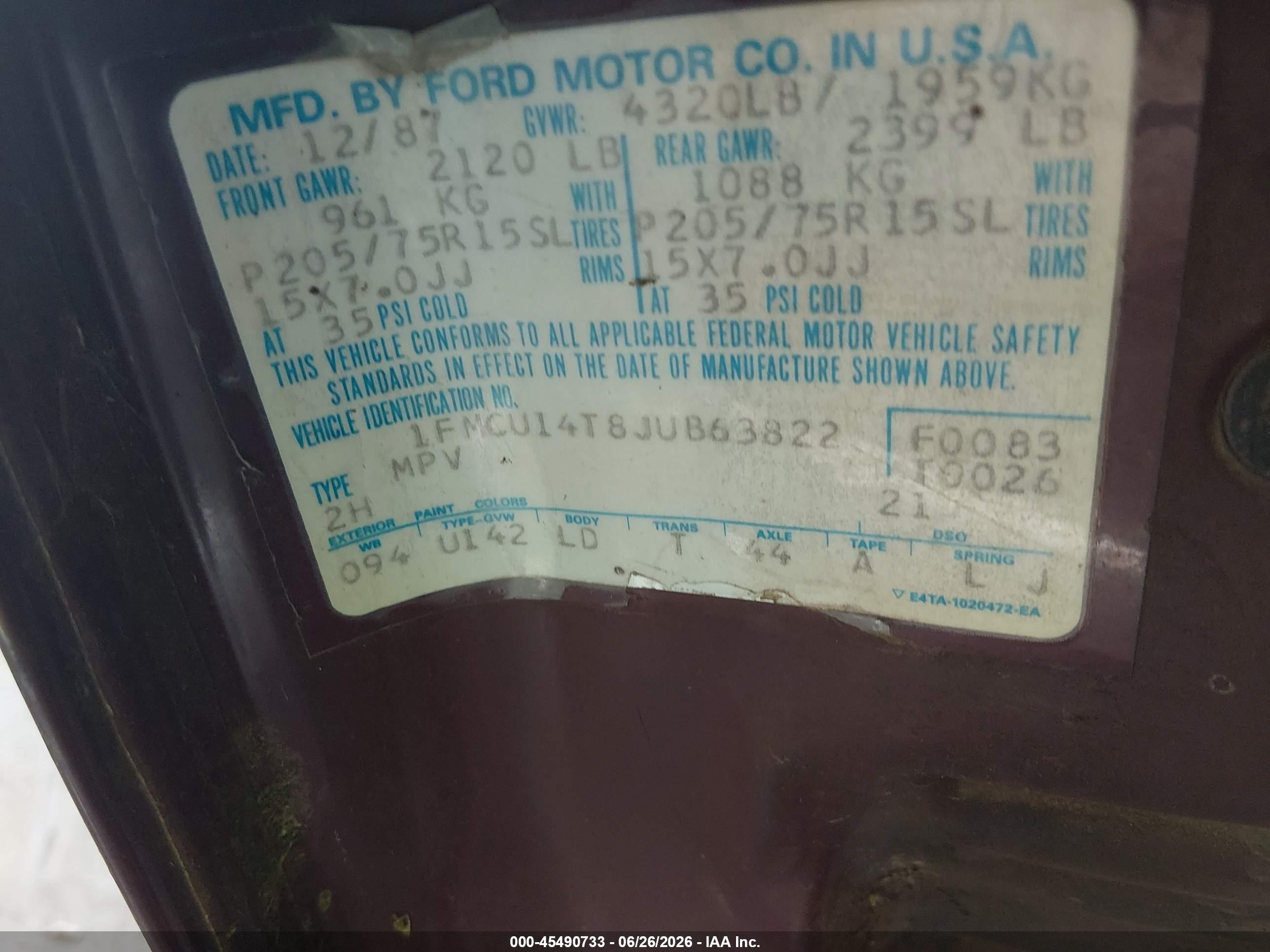 1988 Ford Bronco Ii   Burgundy vin: 1FMCU14T8JUB63822