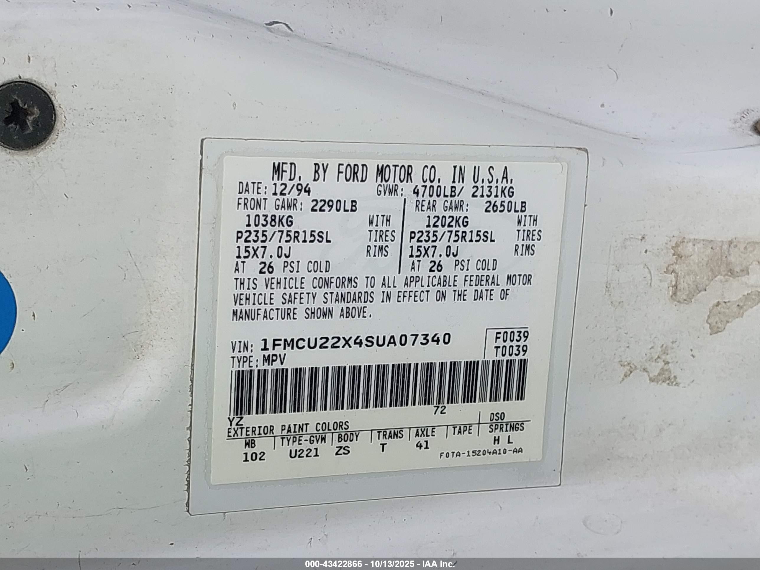 1995 Ford Explorer   White vin: 1FMCU22X4SUA07340