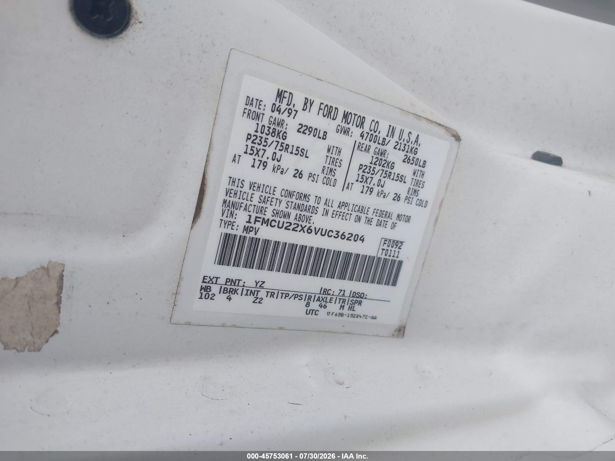 1997 Ford Explorer Sport/xl White vin: 1FMCU22X6VUC36204