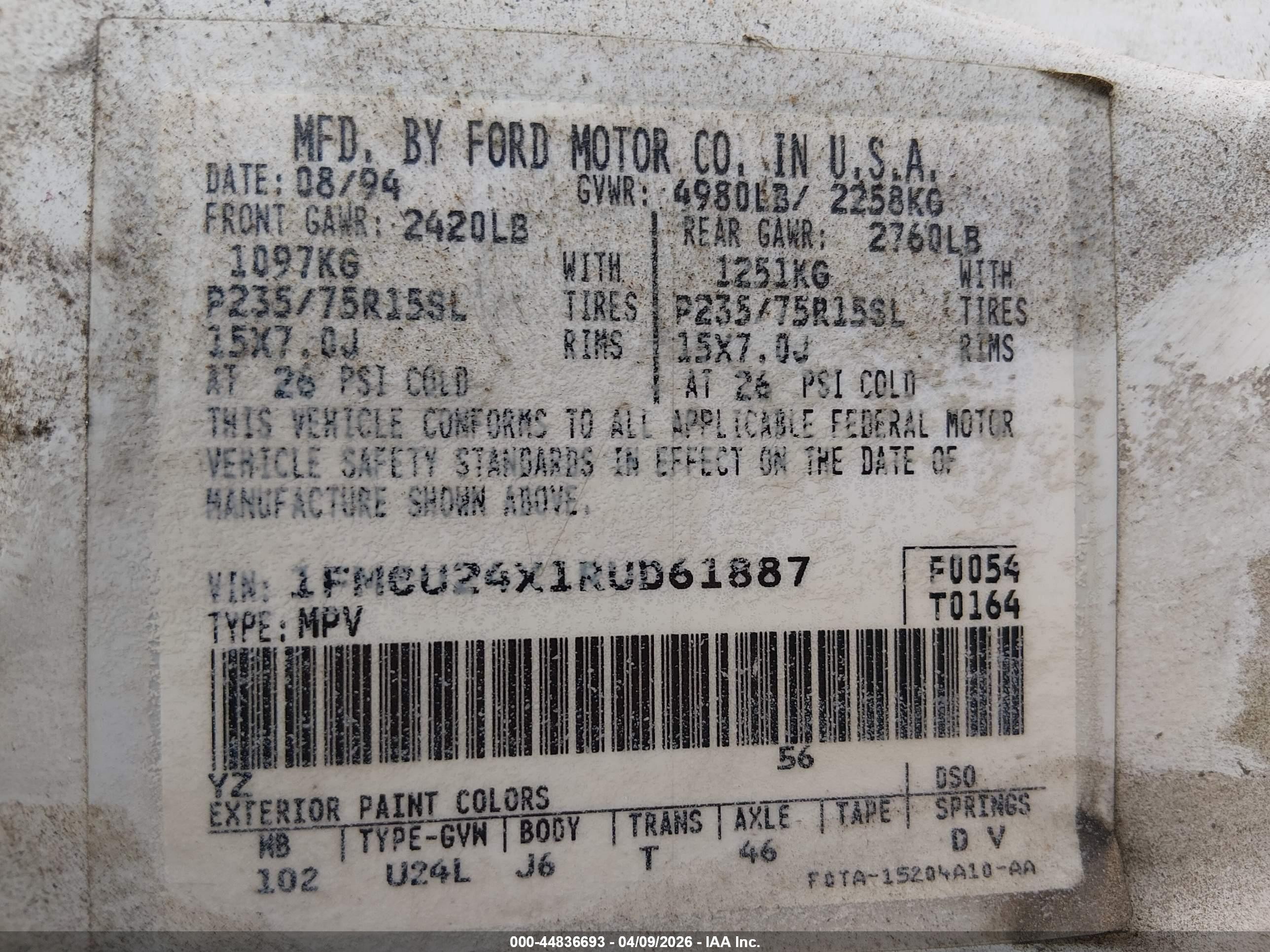 1994 Ford Explorer   White vin: 1FMCU24X1RUD61887