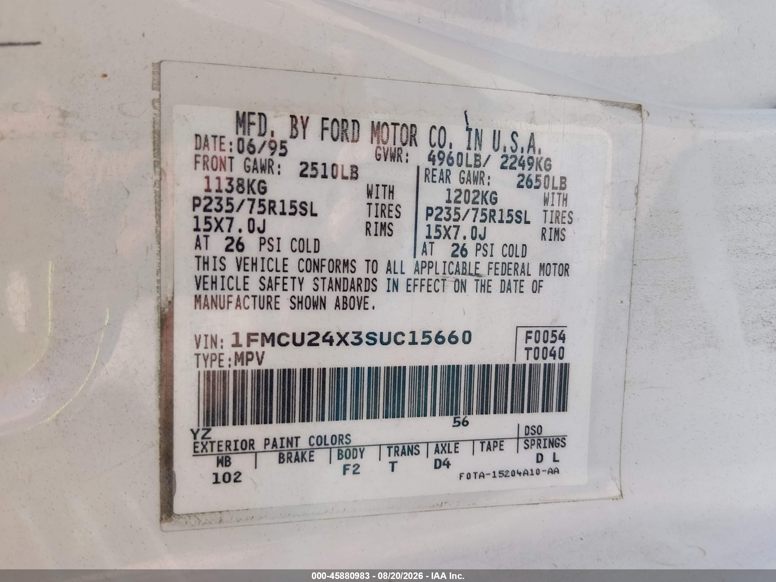 1995 Ford Explorer   White vin: 1FMCU24X3SUC15660