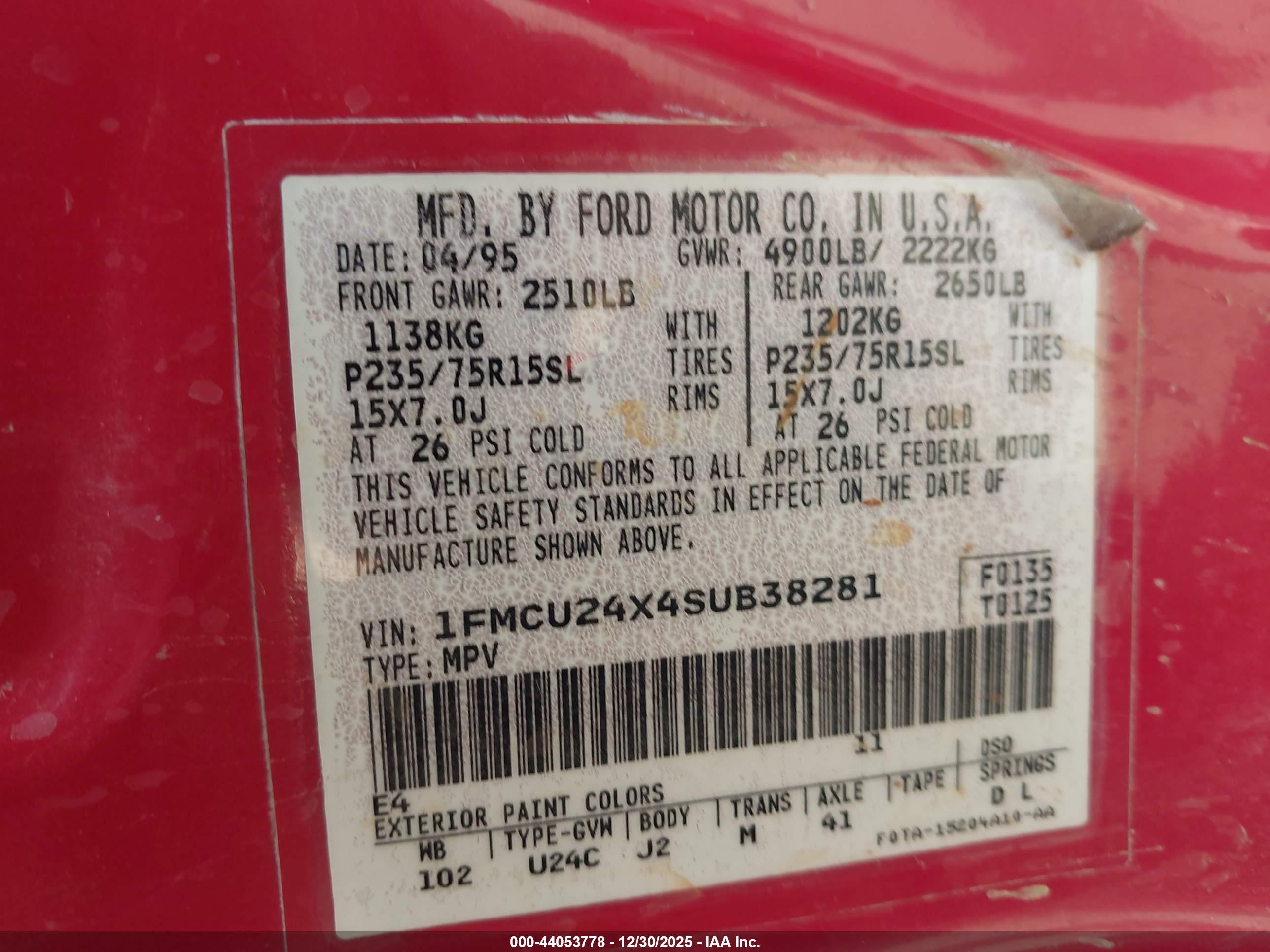 1995 Ford Explorer   Red vin: 1FMCU24X4SUB38281