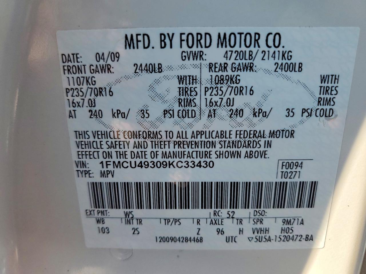 2009 Ford Escape Hybrid White vin: 1FMCU49309KC33430