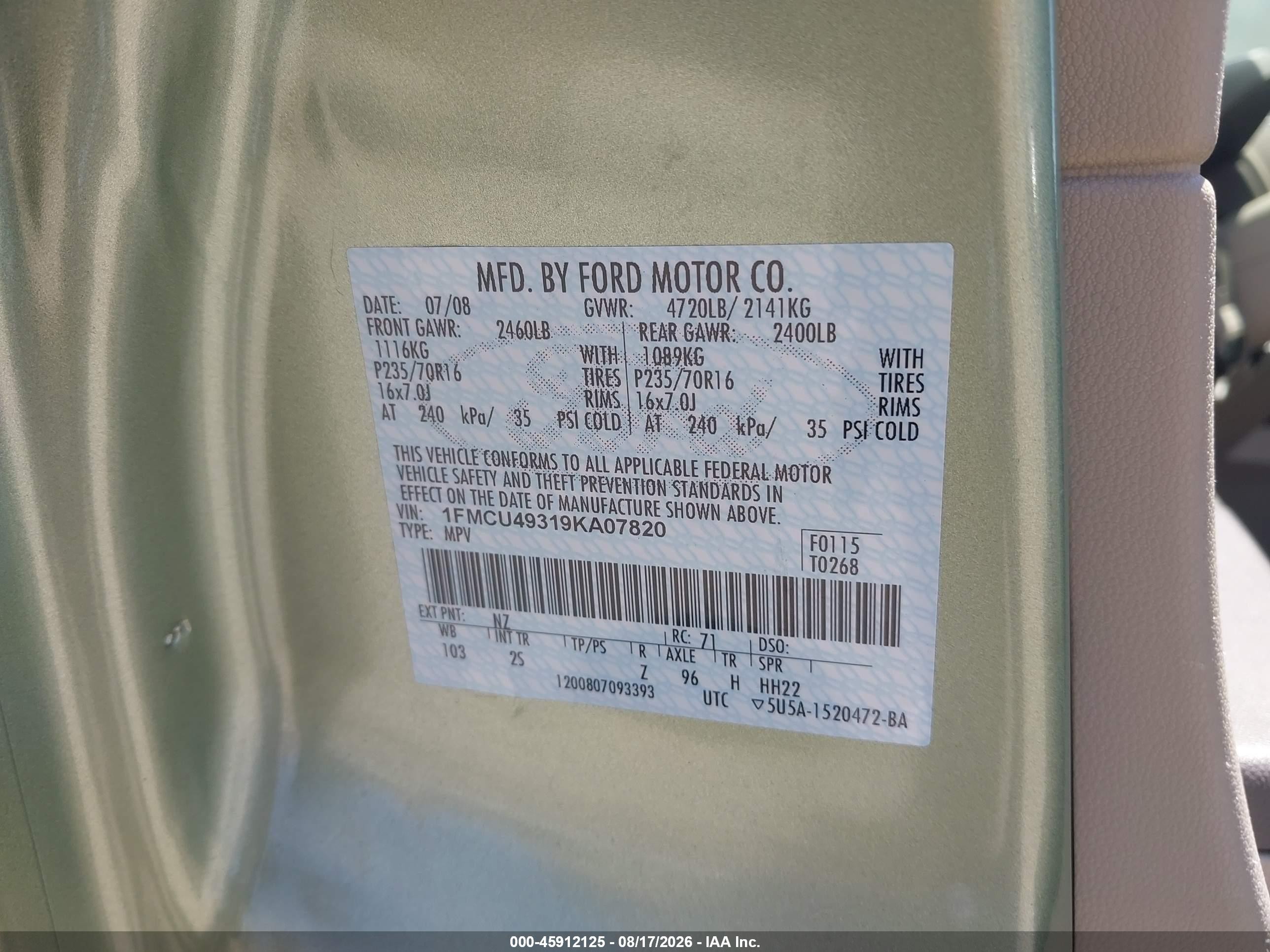 2009 Ford Escape Hybrid Limited Green vin: 1FMCU49319KA07820