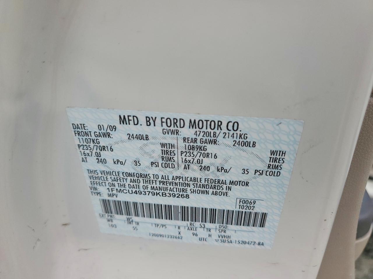 2009 Ford Escape Hybrid White vin: 1FMCU49379KB39268
