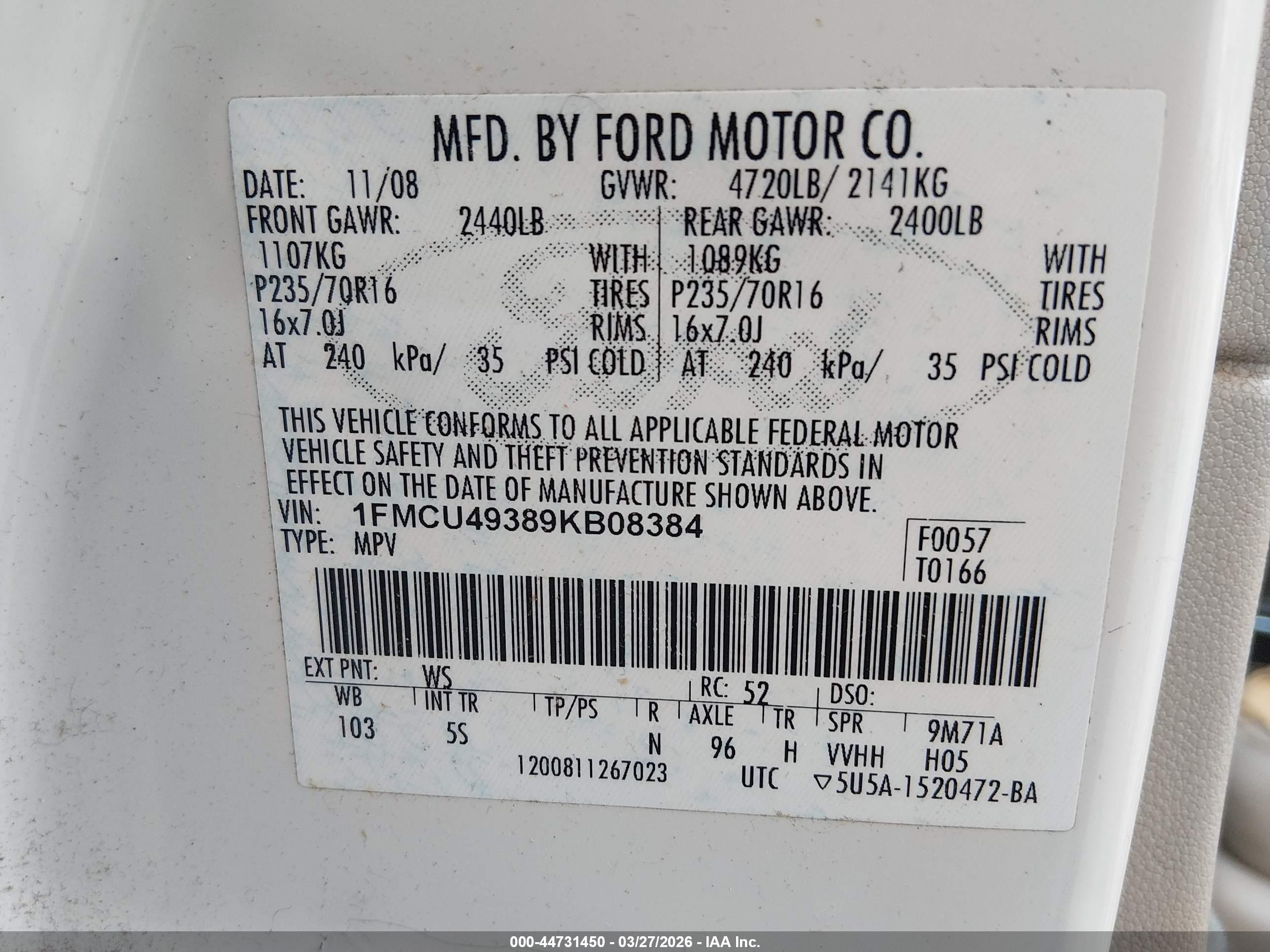 2009 Ford Escape Hybrid Limited White vin: 1FMCU49389KB08384