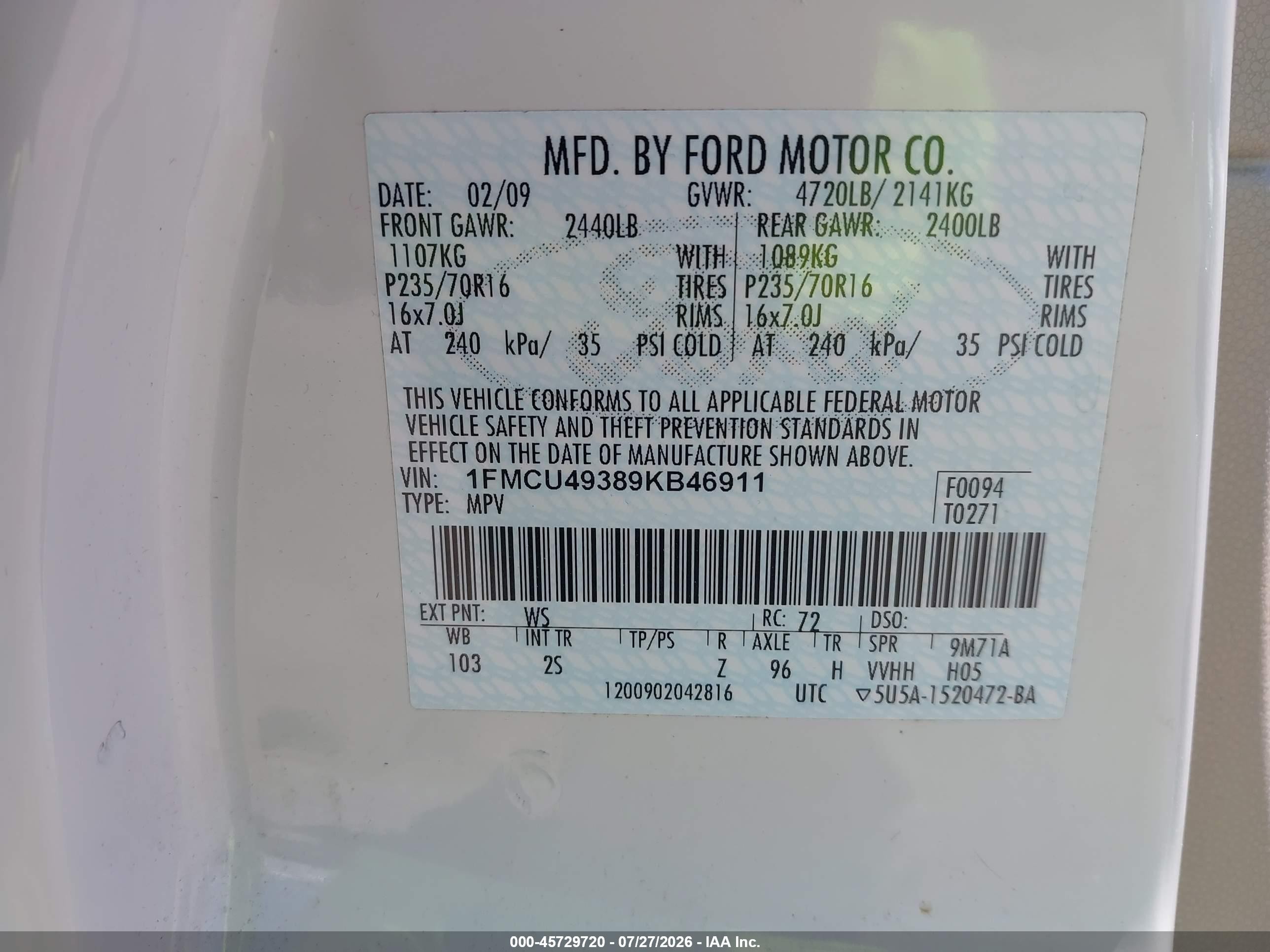 2009 Ford Escape Hybrid Limited Белый vin: 1FMCU49389KB46911
