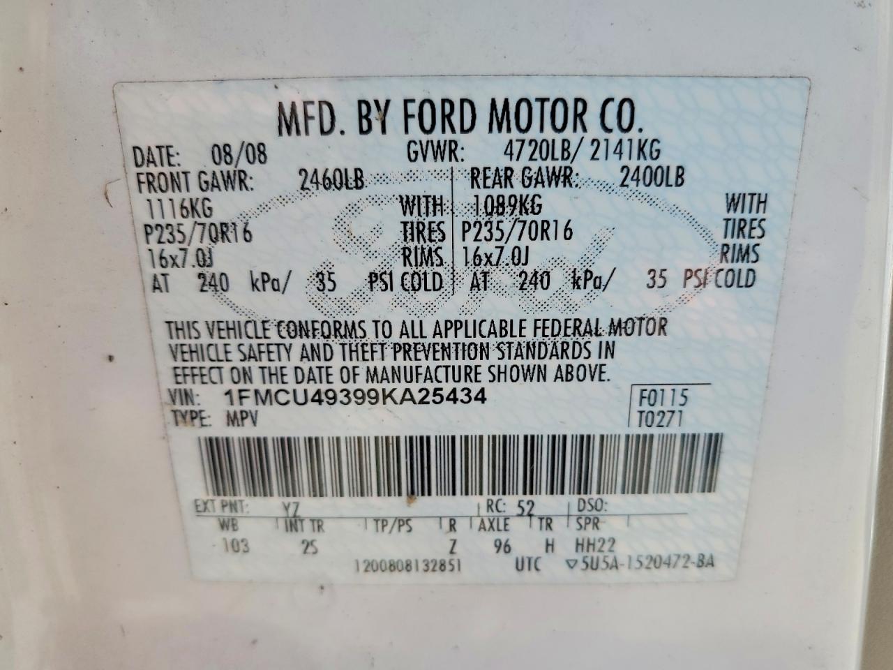 2009 Ford Escape Hybrid White vin: 1FMCU49399KA25434